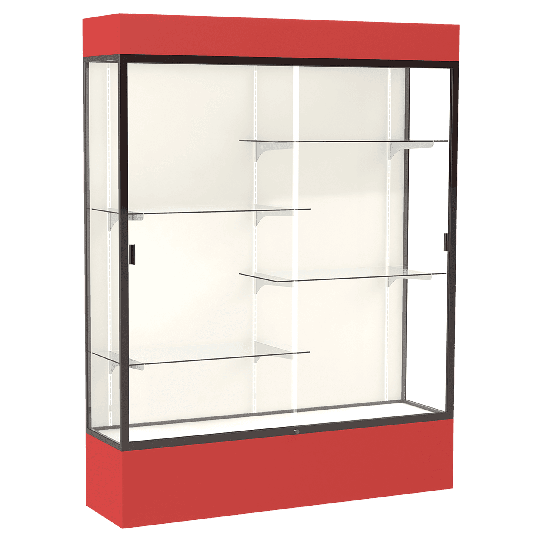 80"H x 60"W x 16"D Red Laminate Finish, Plaque Frabric Back, Bronze Aluminum Frame, Lighted, Spirit Display Case