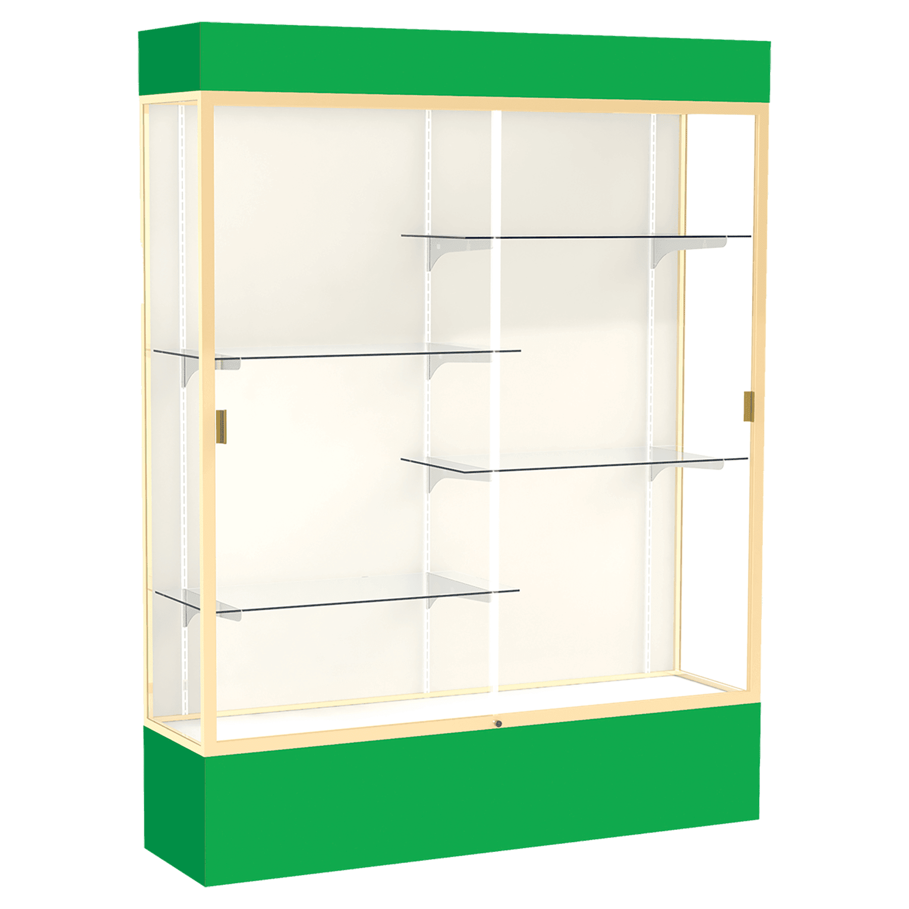 80"H x 60"W x 16"D Kelly Green Laminate Finish, Plaque Frabric Back, Champagne Aluminum Frame, Lighted, Spirit Display Case