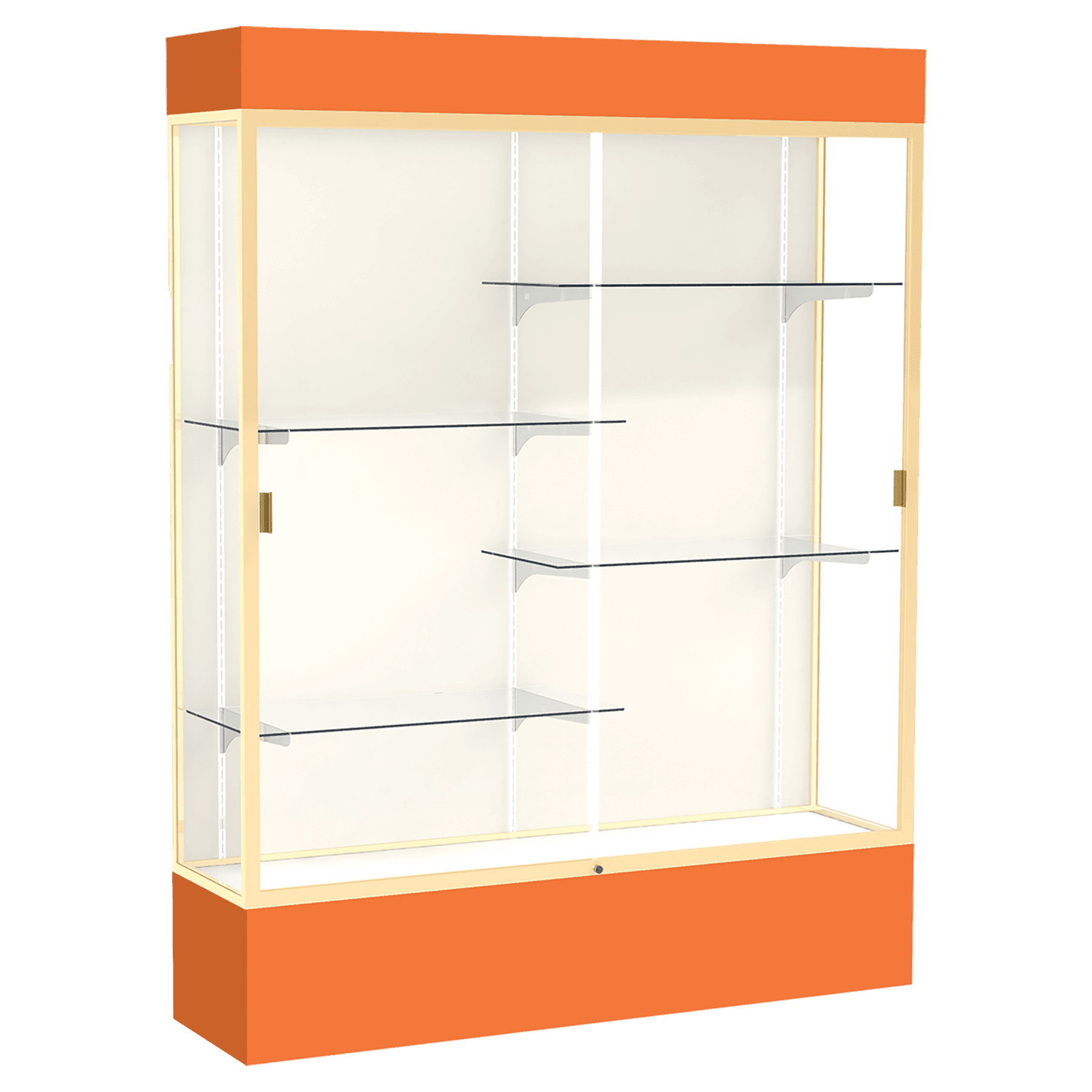 80"H x 60"W x 16"D Orange Laminate Finish, Plaque Frabric Back, Champagne Aluminum Frame, Lighted, Spirit Display Case