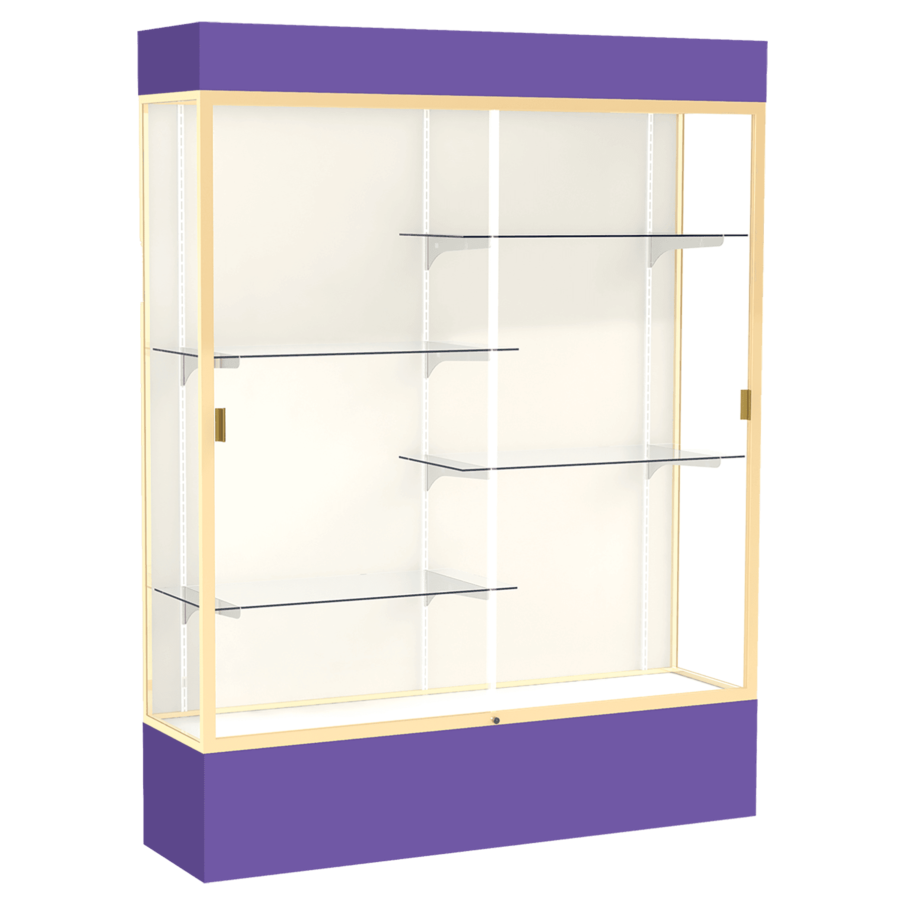 80"H x 60"W x 16"D Purple Laminate Finish, Plaque Frabric Back, Champagne Aluminum Frame, Lighted, Spirit Display Case