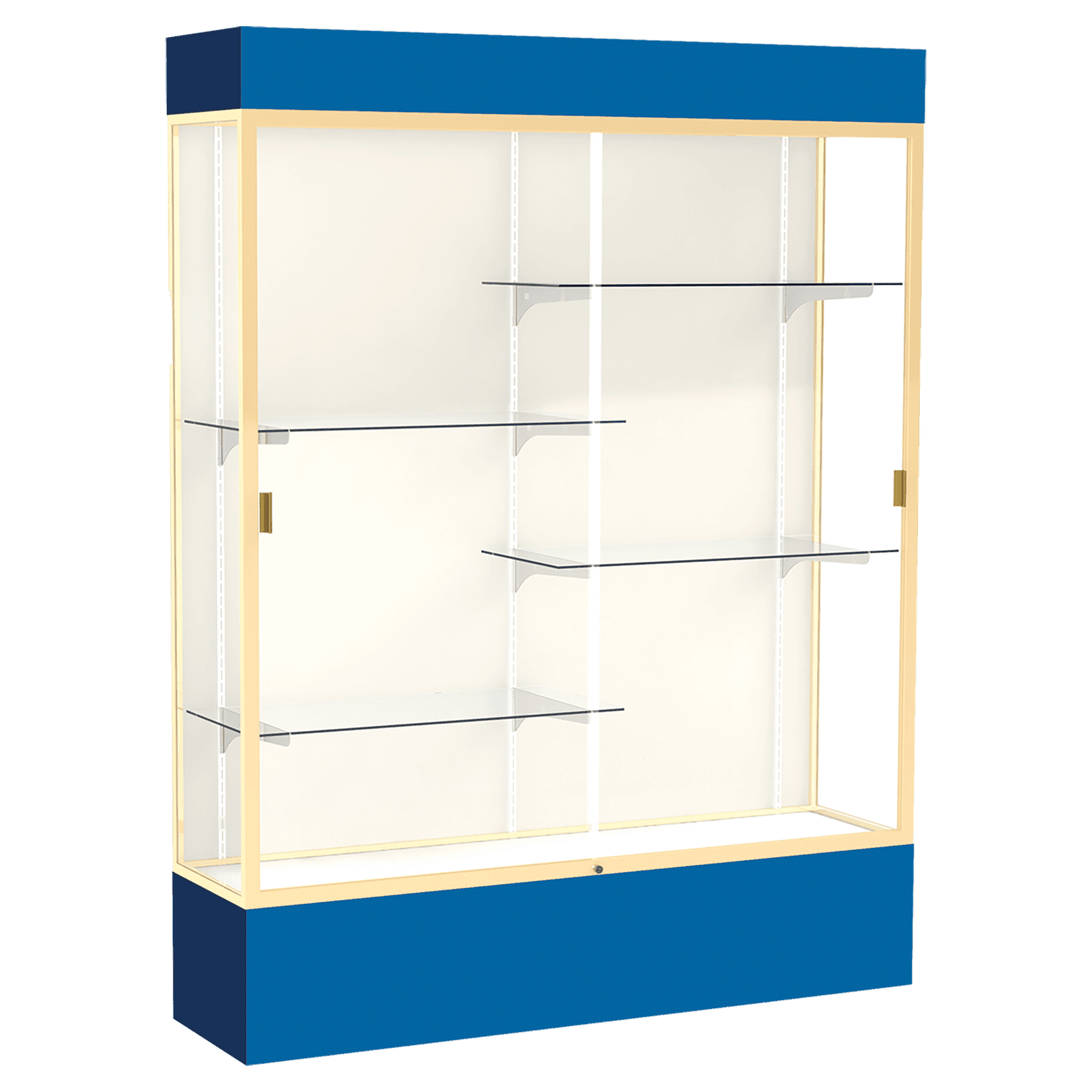 80"H x 60"W x 16"D Royal Blue Laminate Finish, Plaque Frabric Back, Champagne Aluminum Frame, Lighted, Spirit Display Case