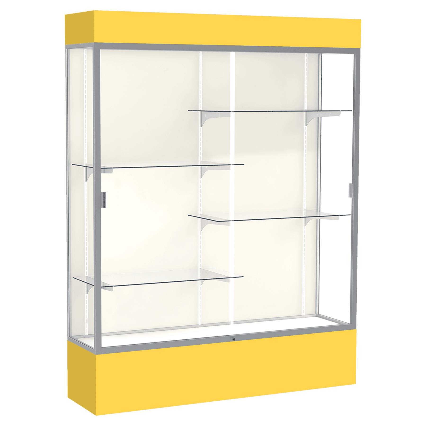 80"H x 60"W x 16"D Goldenrod Laminate Finish, Plaque Frabric Back, Satin Aluminum Frame, Lighted, Spirit Display Case