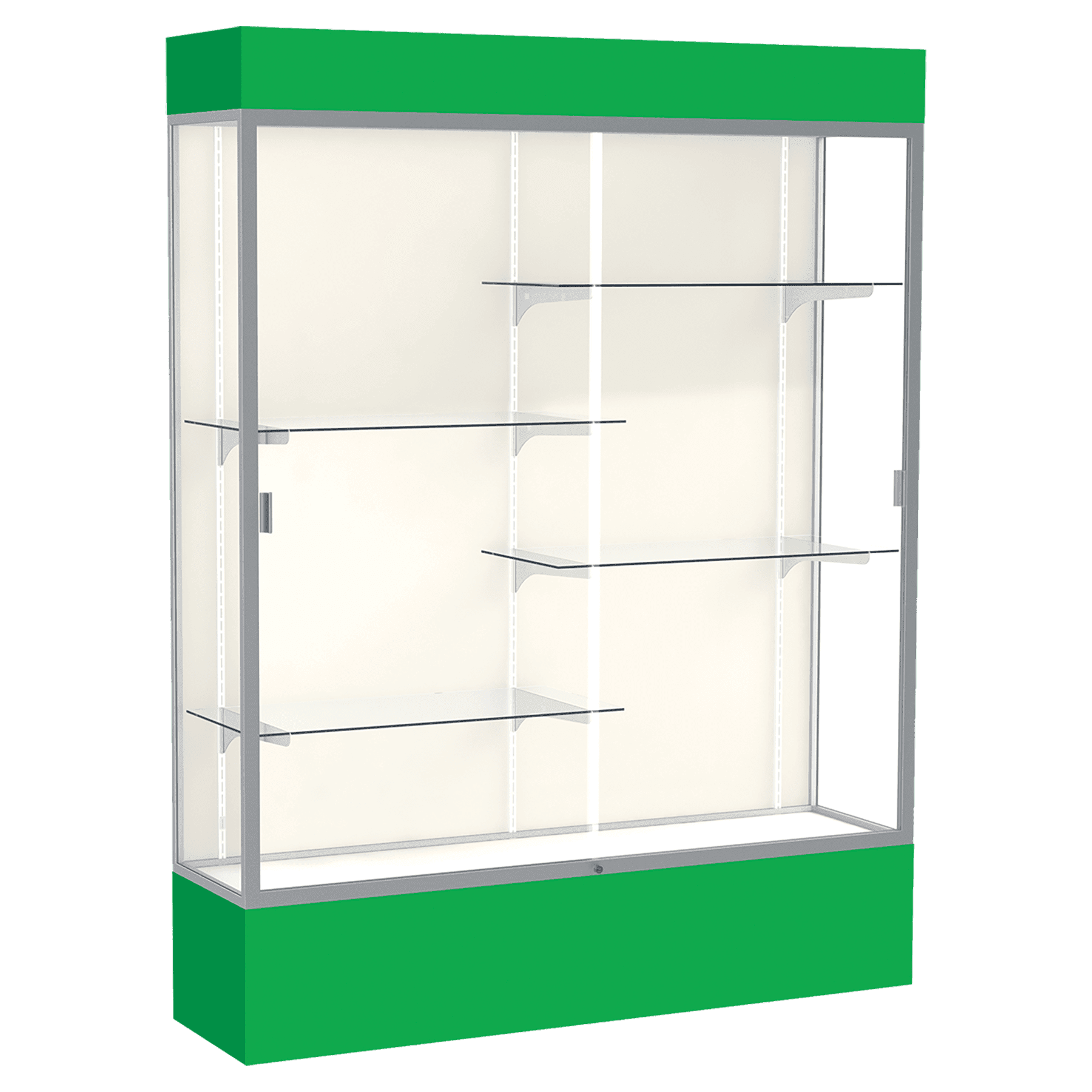 80"H x 60"W x 16"D Kelly Green Laminate Finish, Plaque Frabric Back, Satin Aluminum Frame, Lighted, Spirit Display Case