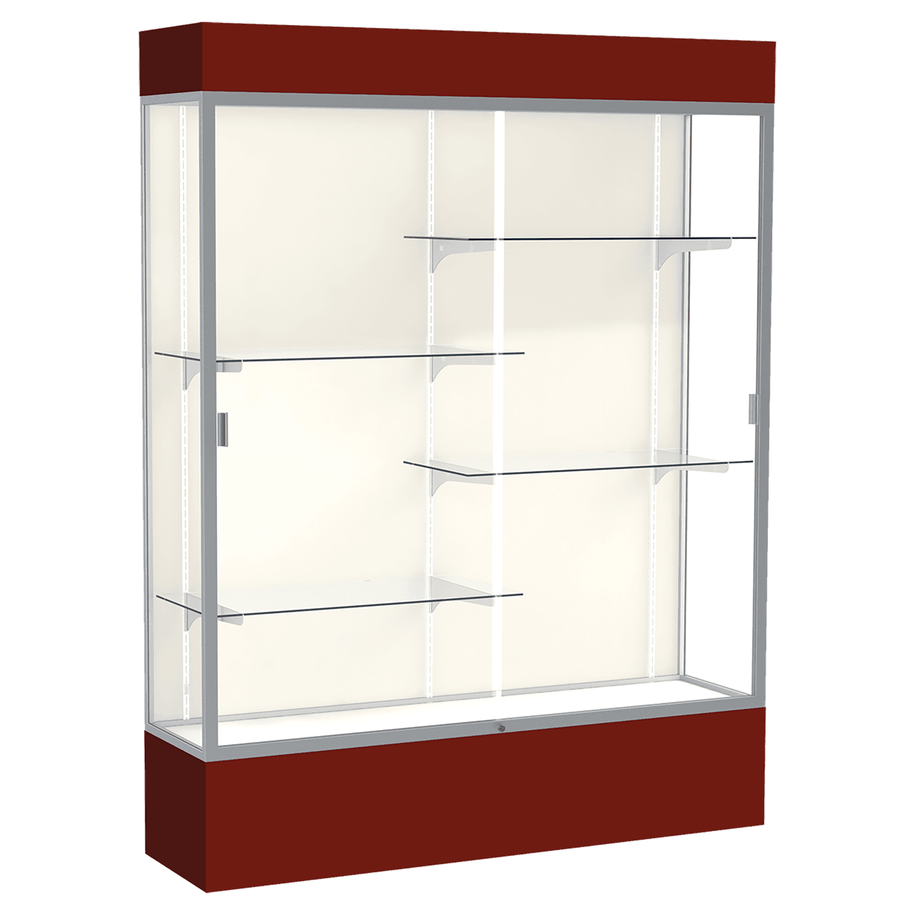80"H x 60"W x 16"D Maroon Laminate Finish, Plaque Frabric Back, Satin Aluminum Frame, Lighted, Spirit Display Case