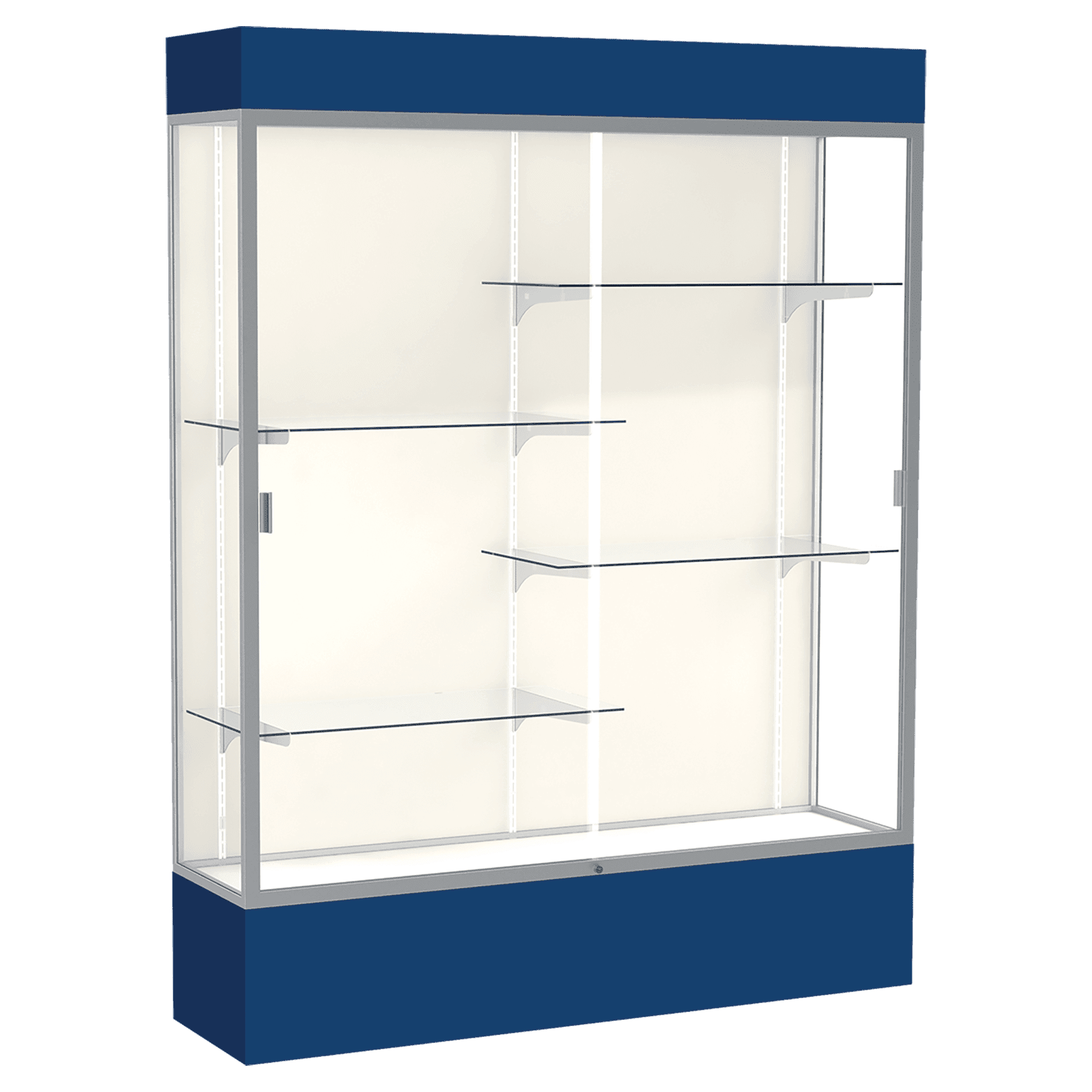 80"H x 60"W x 16"D Navy Laminate Finish, Plaque Frabric Back, Satin Aluminum Frame, Lighted, Spirit Display Case