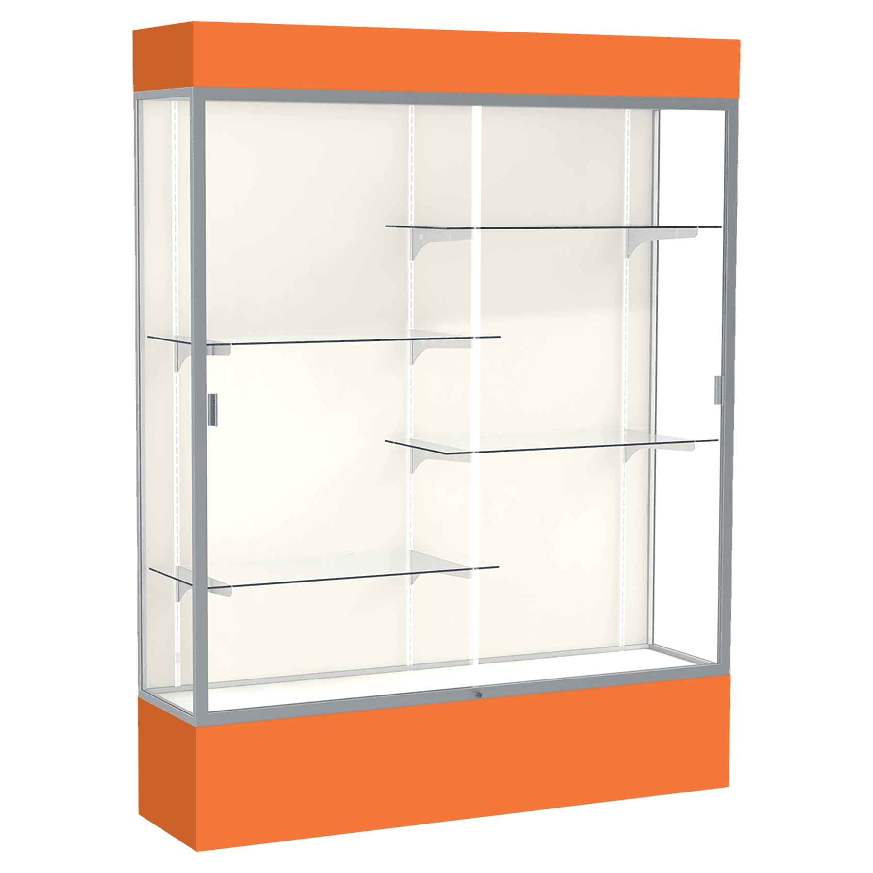 80"H x 60"W x 16"D Orange Laminate Finish, Plaque Frabric Back, Satin Aluminum Frame, Lighted, Spirit Display Case