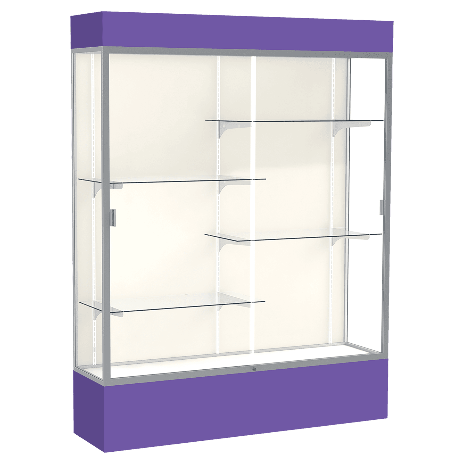 80"H x 60"W x 16"D Purple Laminate Finish, Plaque Frabric Back, Satin Aluminum Frame, Lighted, Spirit Display Case