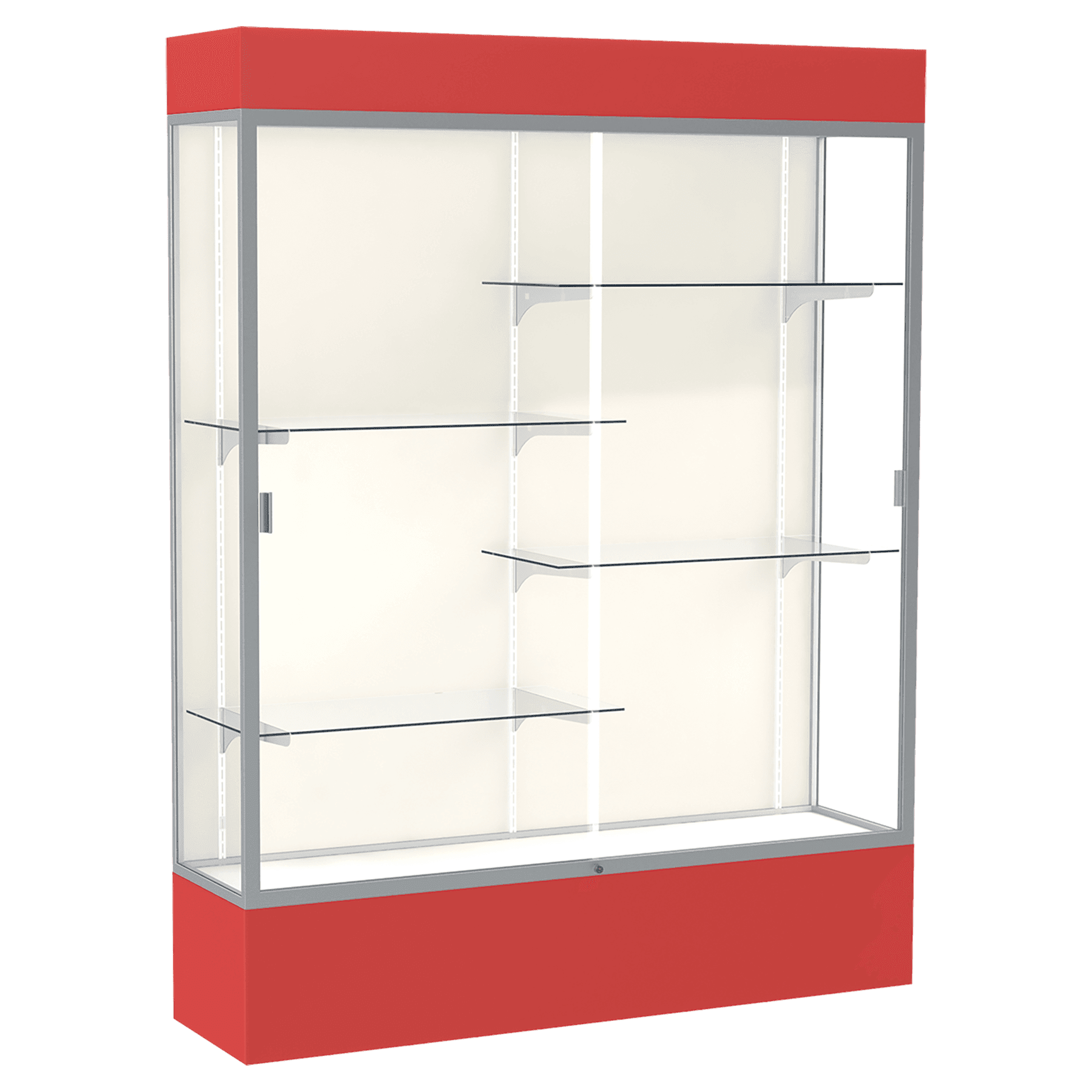 80"H x 60"W x 16"D Red Laminate Finish, Plaque Frabric Back, Satin Aluminum Frame, Lighted, Spirit Display Case