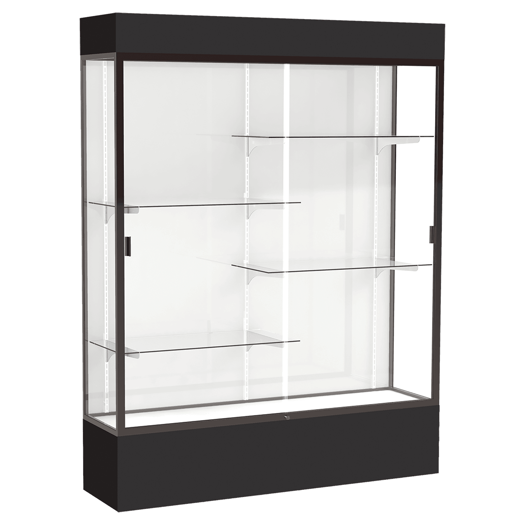 80"H x 60"W x 16"D Black Laminate Finish, White Laminate Finish Back, Bronze Aluminum Frame, Lighted, Spirit Display Case