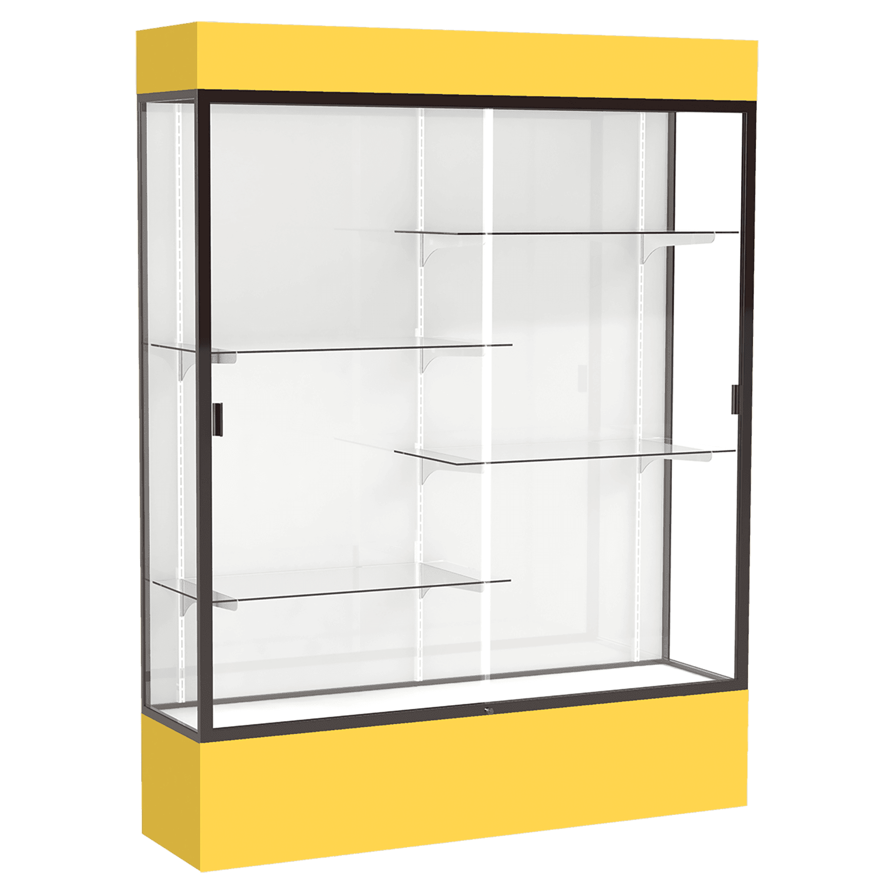 80"H x 60"W x 16"D Goldenrod Laminate Finish, White Laminate Finish Back, Bronze Aluminum Frame, Lighted, Spirit Display Case