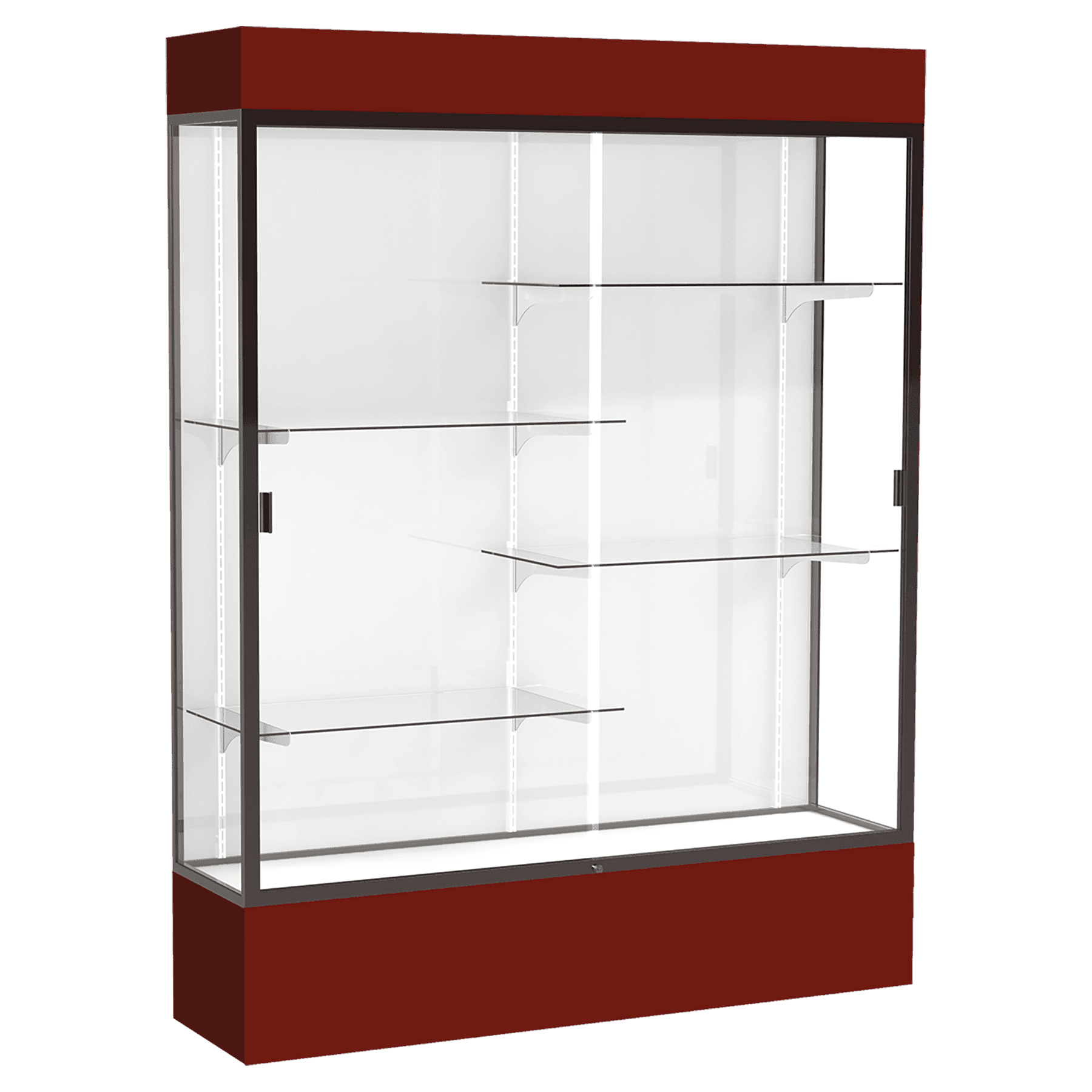 80"H x 60"W x 16"D Maroon Laminate Finish, White Laminate Finish Back, Bronze Aluminum Frame, Lighted, Spirit Display Case