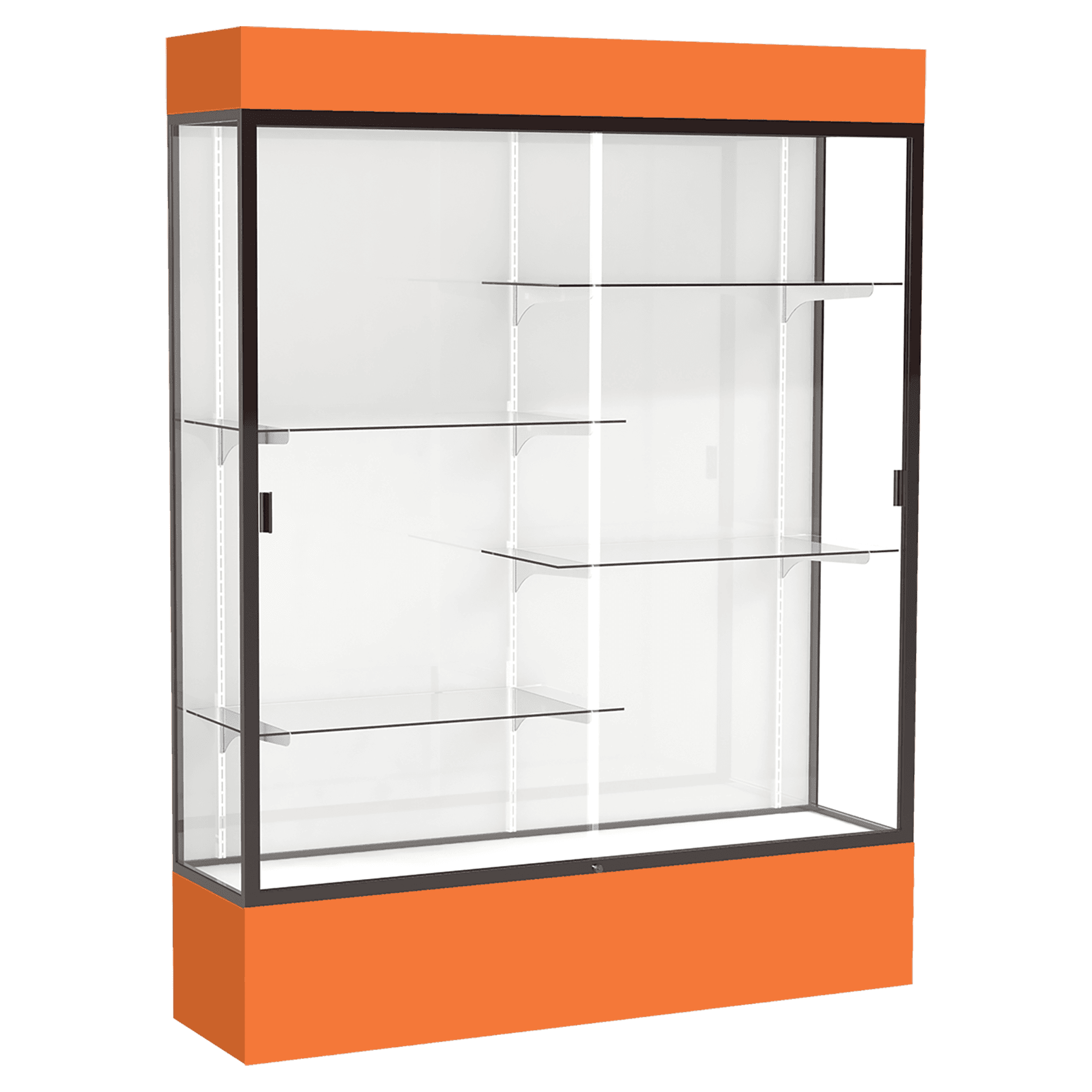 80"H x 60"W x 16"D Orange Laminate Finish, White Laminate Finish Back, Bronze Aluminum Frame, Lighted, Spirit Display Case