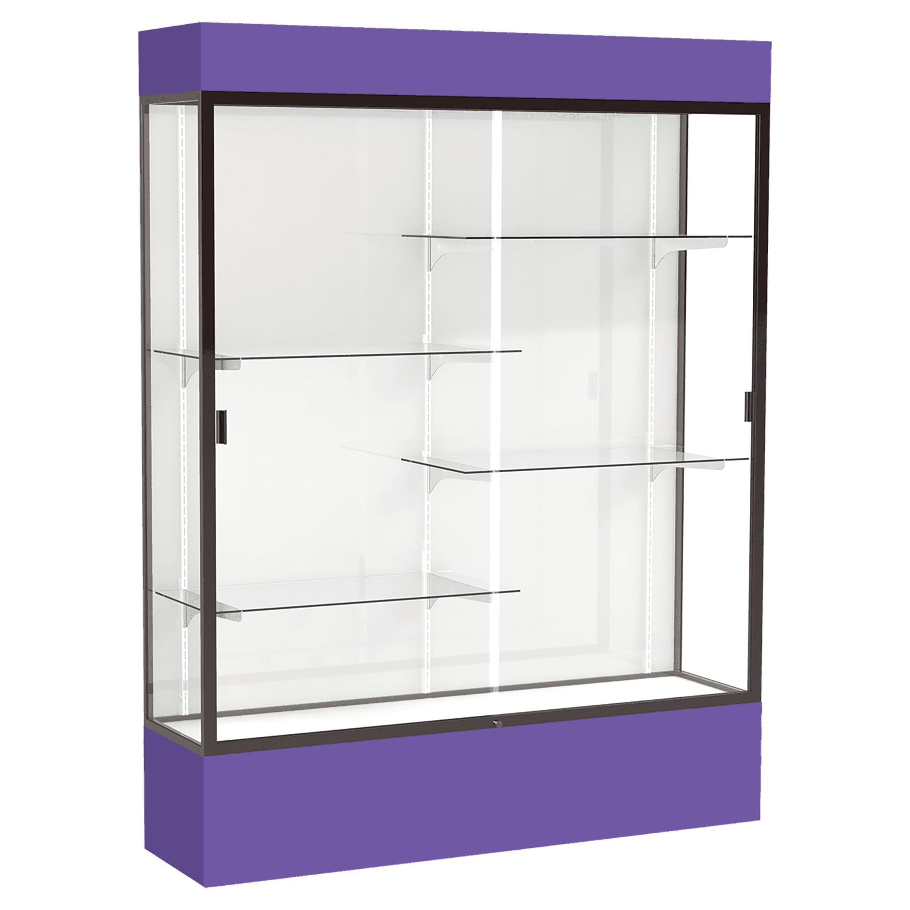 80"H x 60"W x 16"D Purple Laminate Finish, White Laminate Finish Back, Bronze Aluminum Frame, Lighted, Spirit Display Case