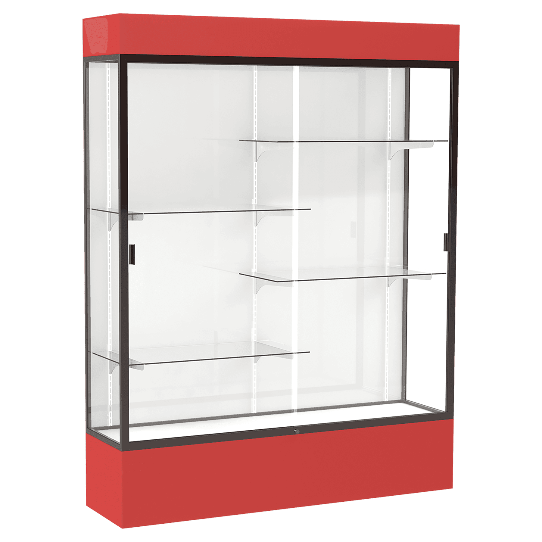 80"H x 60"W x 16"D Red Laminate Finish, White Laminate Finish Back, Bronze Aluminum Frame, Lighted, Spirit Display Case