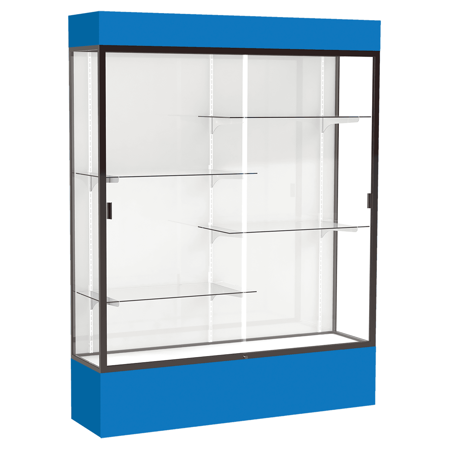 80"H x 60"W x 16"D Royal Blue Laminate Finish, White Laminate Finish Back, Bronze Aluminum Frame, Lighted, Spirit Display Case