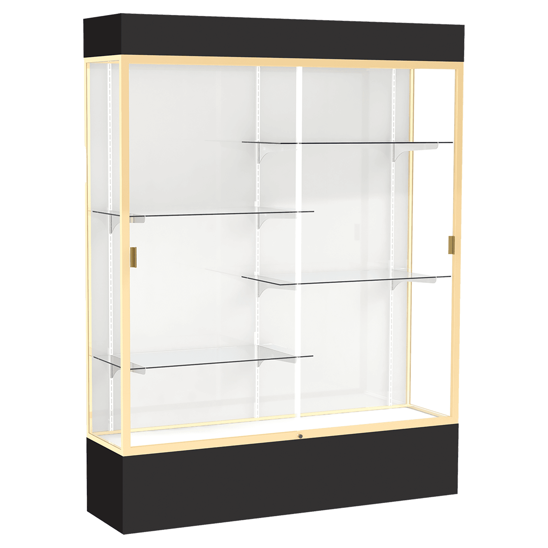80"H x 60"W x 16"D Black Laminate Finish, White Laminate Finish Back, Champagne Aluminum Frame, Lighted, Spirit Display Case