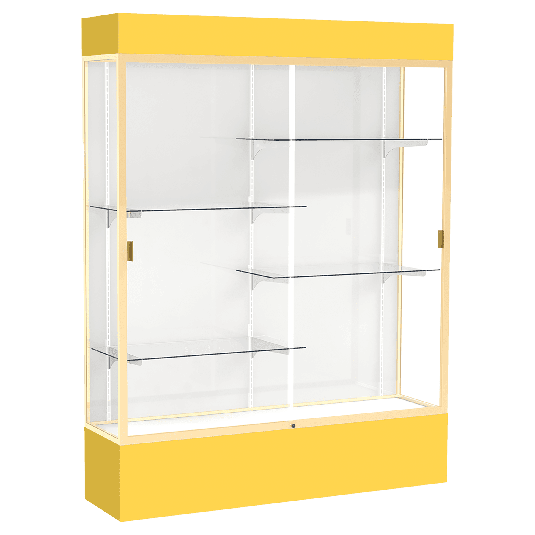 80"H x 60"W x 16"D Goldenrod Laminate Finish, White Laminate Finish Back, Champagne Aluminum Frame, Lighted, Spirit Display Case