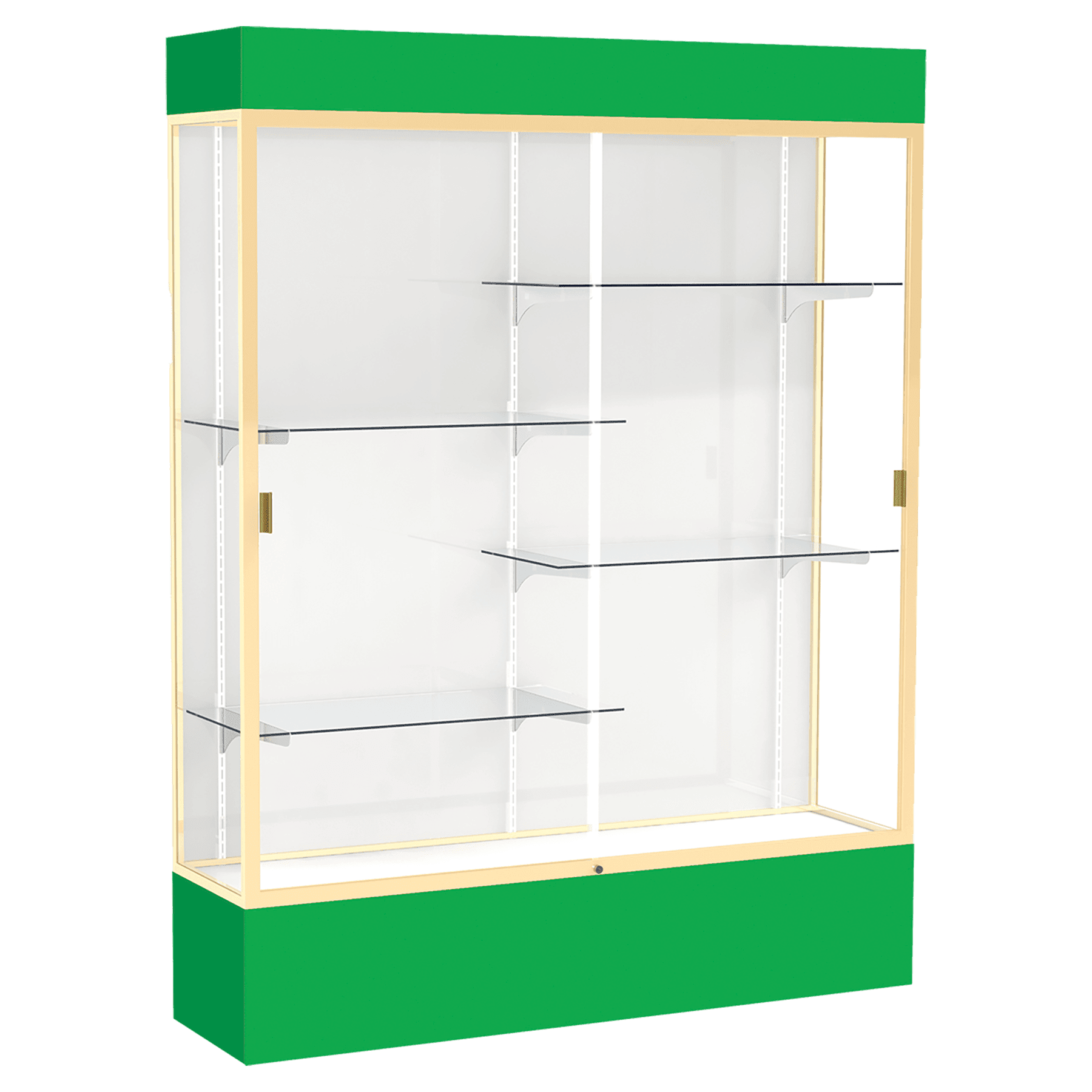 80"H x 60"W x 16"D Kelly Green Laminate Finish, White Laminate Finish Back, Champagne Aluminum Frame, Lighted, Spirit Display Case
