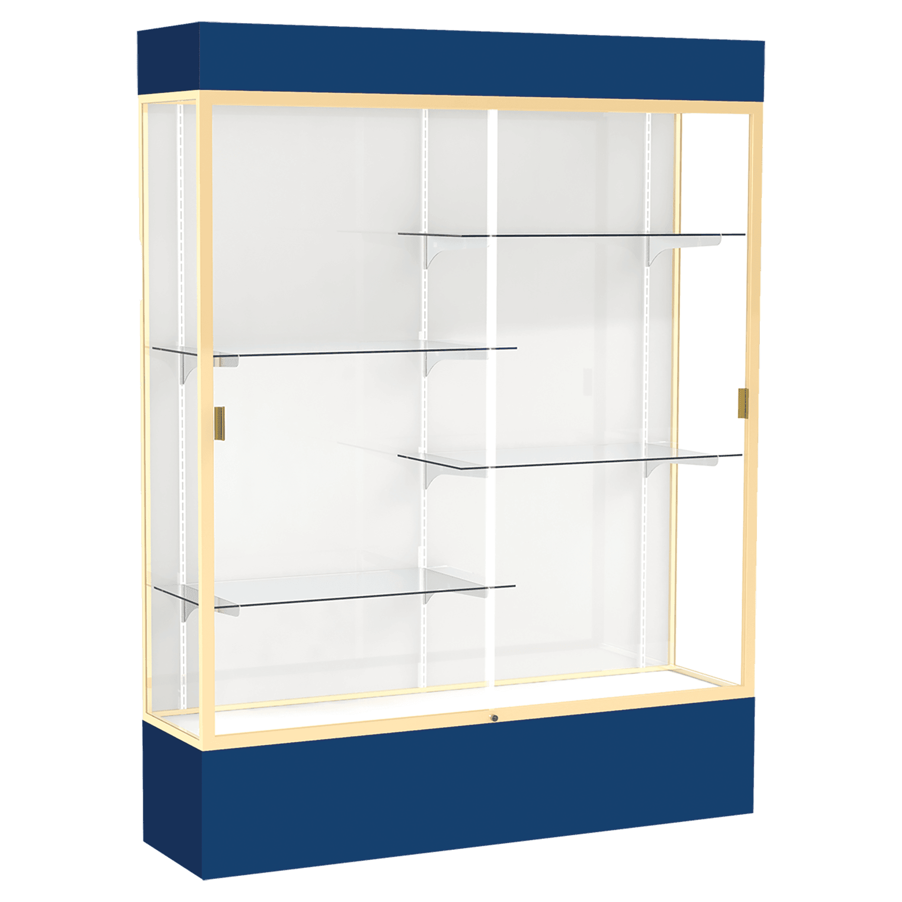 80"H x 60"W x 16"D Navy Laminate Finish, White Laminate Finish Back, Champagne Aluminum Frame, Lighted, Spirit Display Case