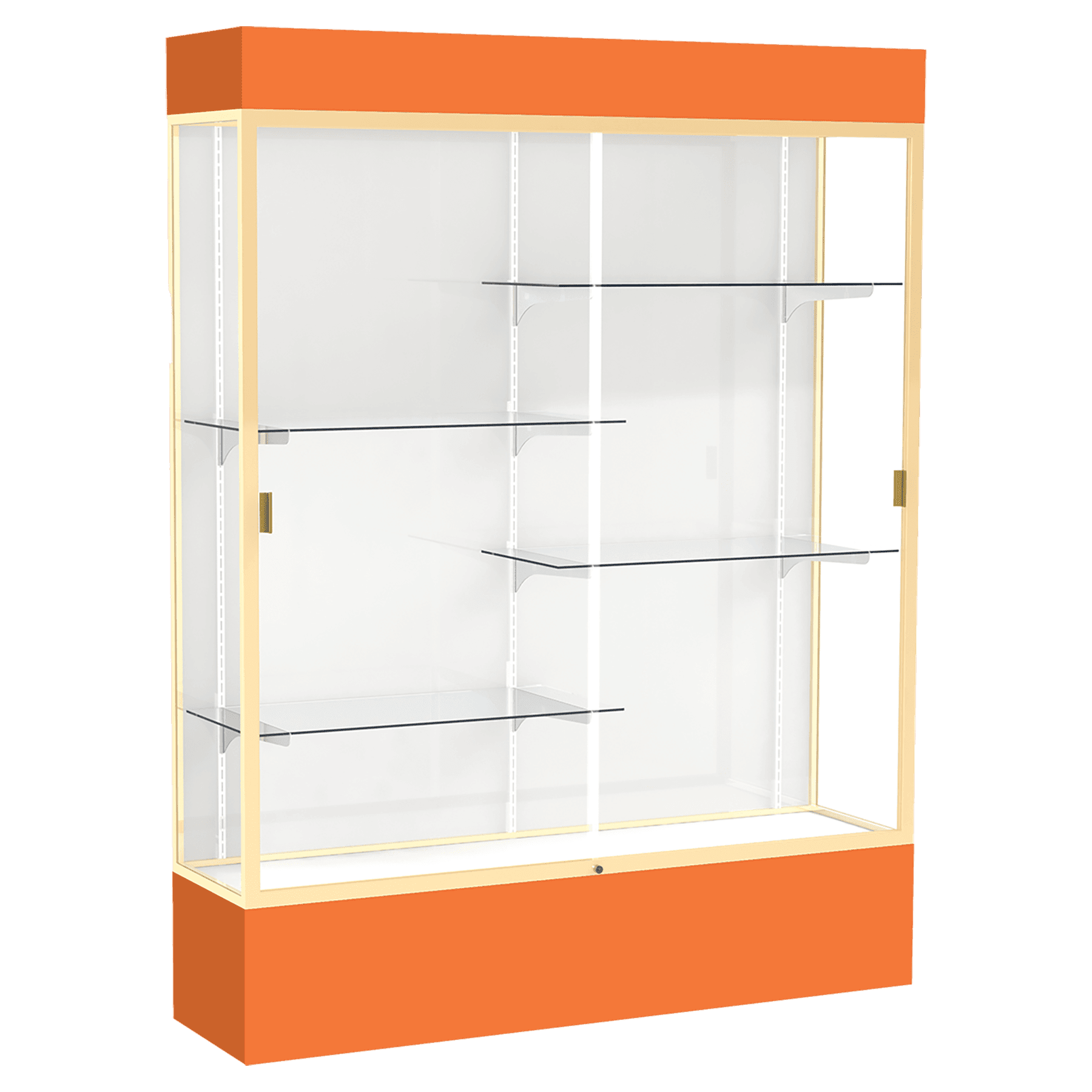 80"H x 60"W x 16"D Orange Laminate Finish, White Laminate Finish Back, Champagne Aluminum Frame, Lighted, Spirit Display Case