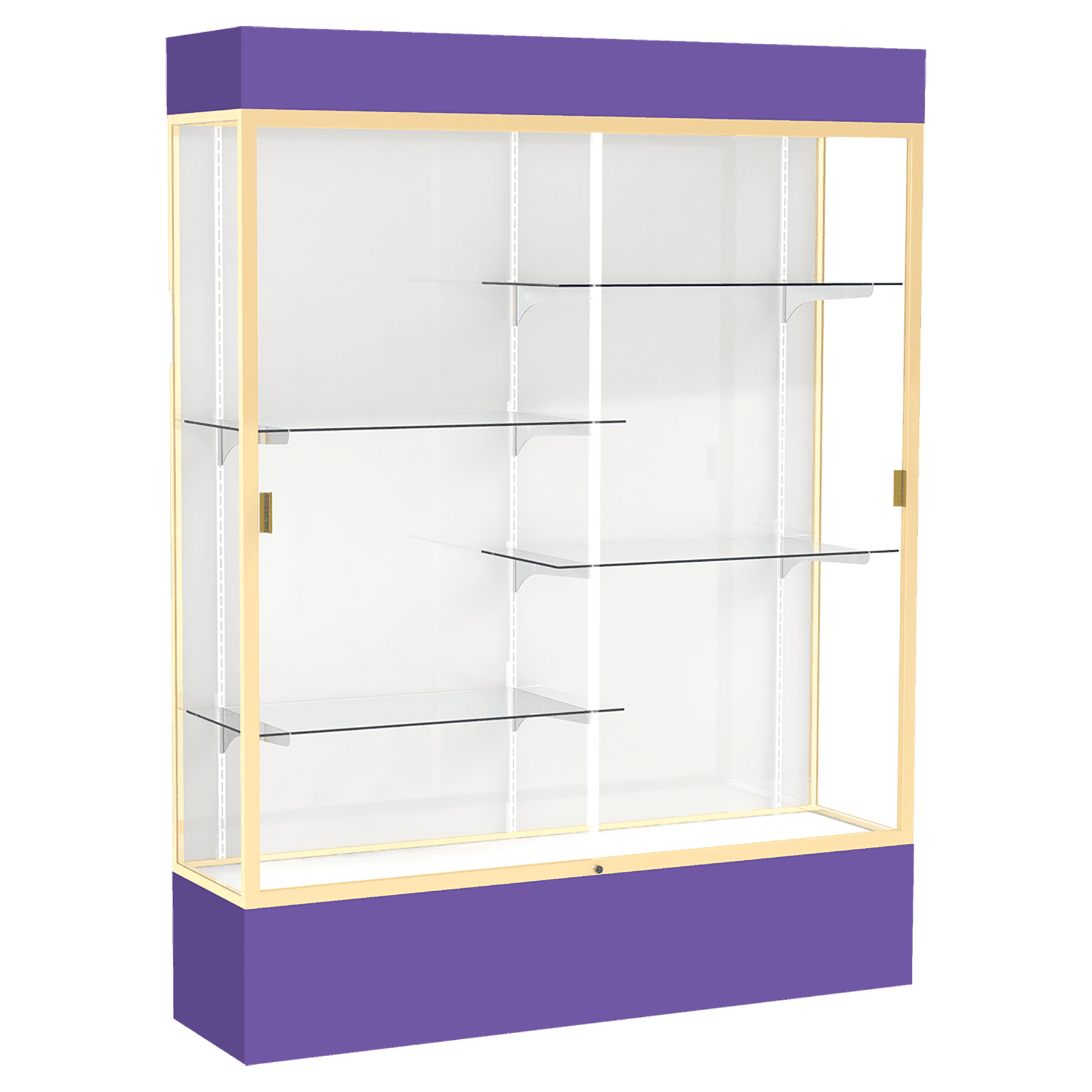 80"H x 60"W x 16"D Purple Laminate Finish, White Laminate Finish Back, Champagne Aluminum Frame, Lighted, Spirit Display Case