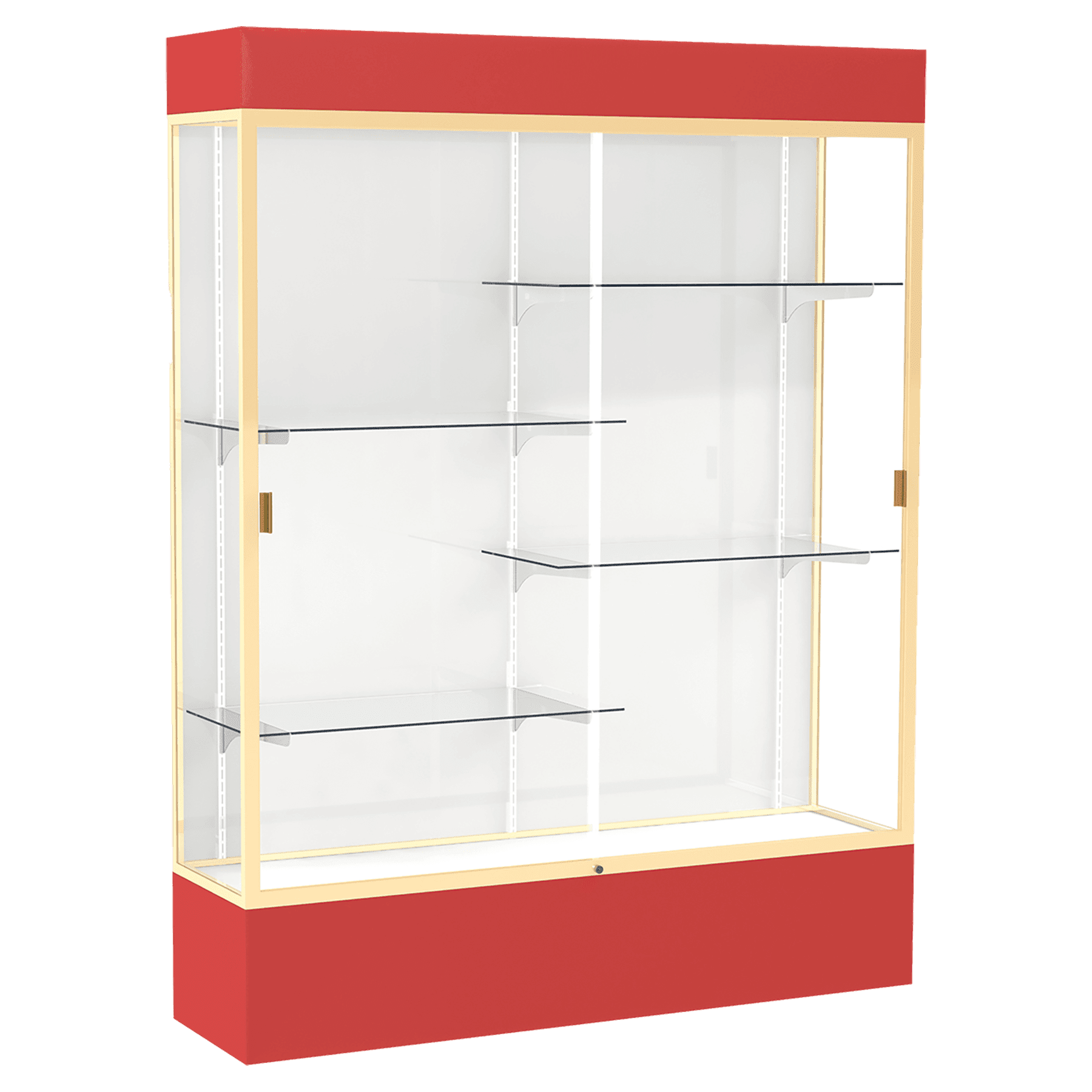80"H x 60"W x 16"D Red Laminate Finish, White Laminate Finish Back, Champagne Aluminum Frame, Lighted, Spirit Display Case