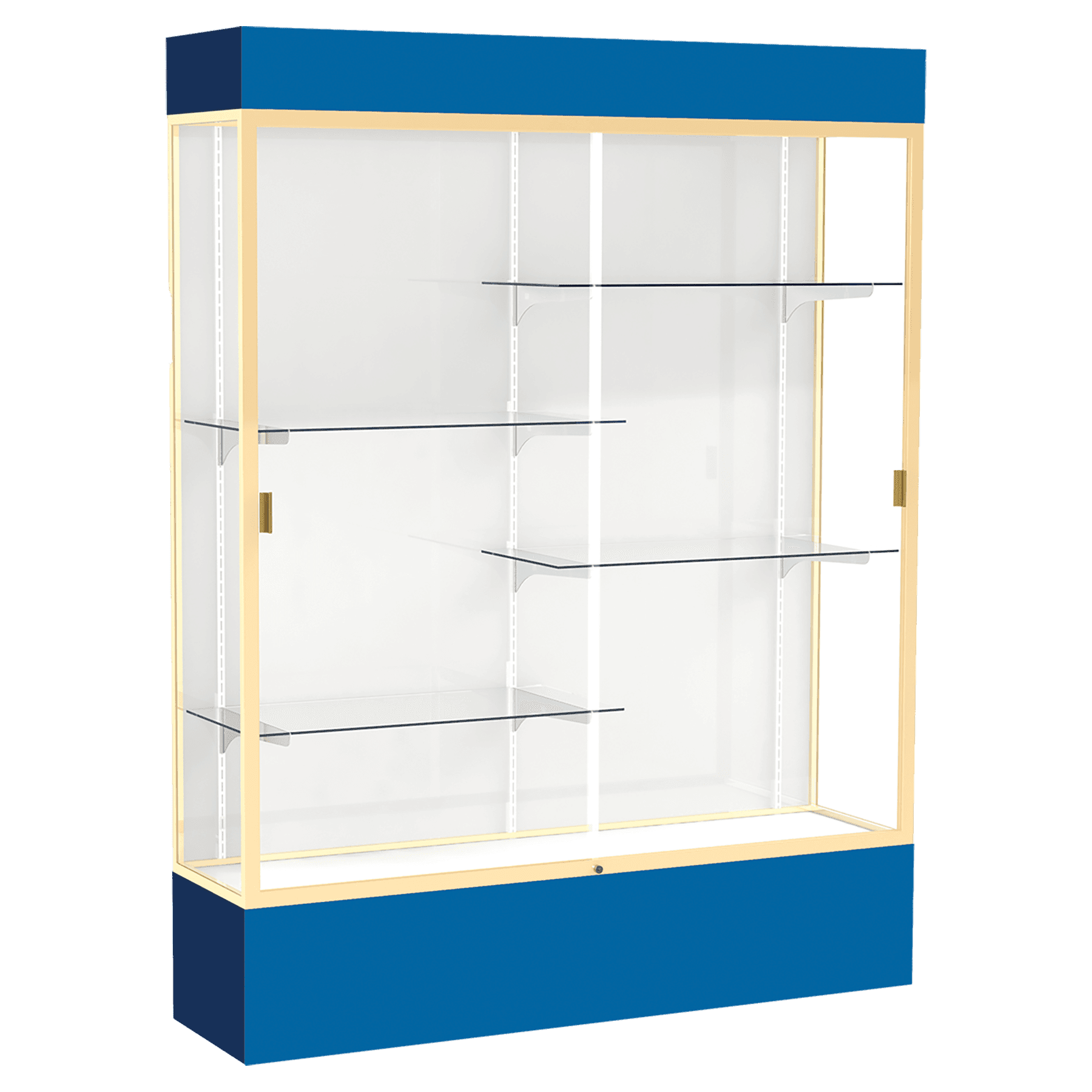 80"H x 60"W x 16"D Royal Blue Laminate Finish, White Laminate Finish Back, Champagne Aluminum Frame, Lighted, Spirit Display Case