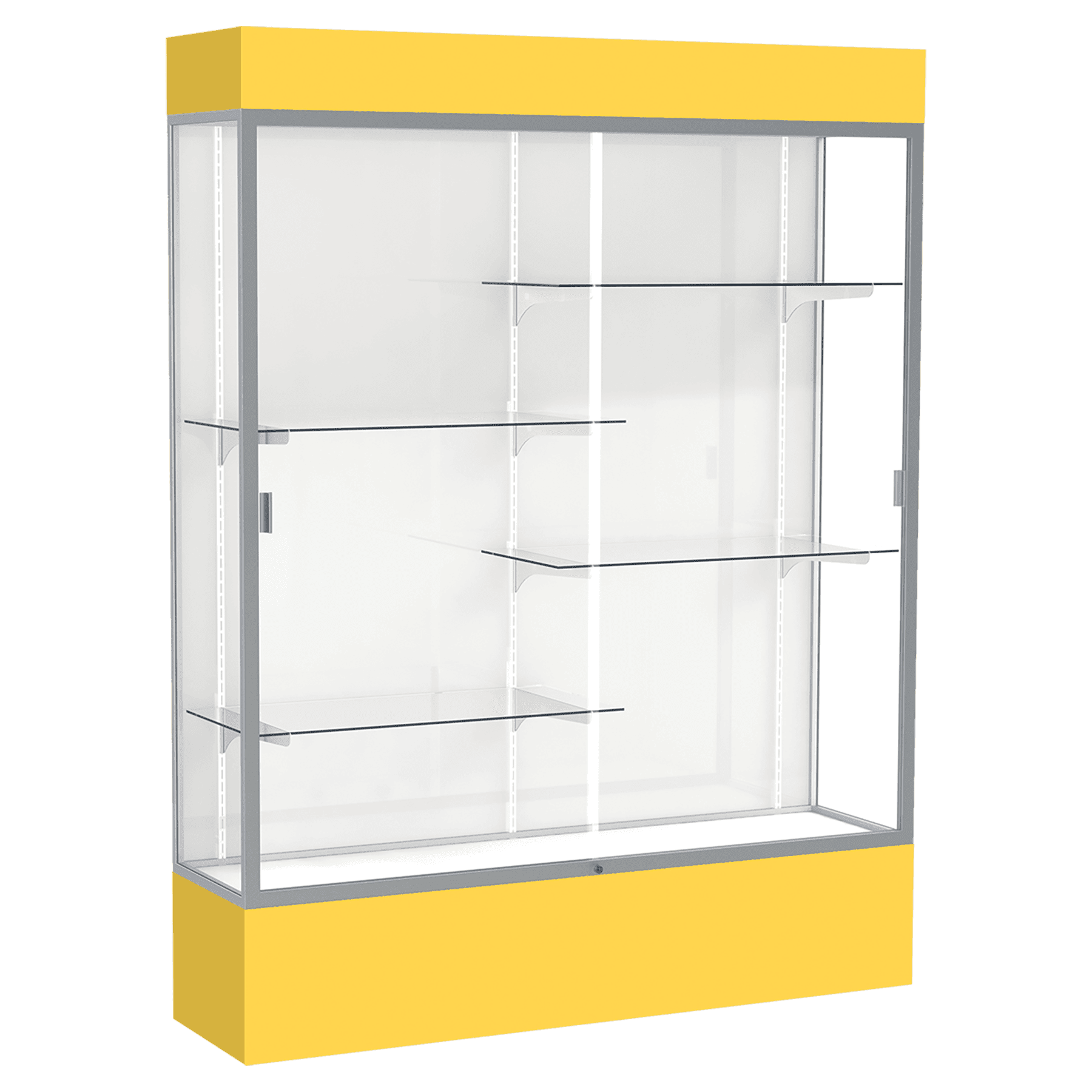 80"H x 60"W x 16"D Goldenrod Laminate Finish, White Laminate Finish Back, Satin Aluminum Frame, Lighted, Spirit Display Case