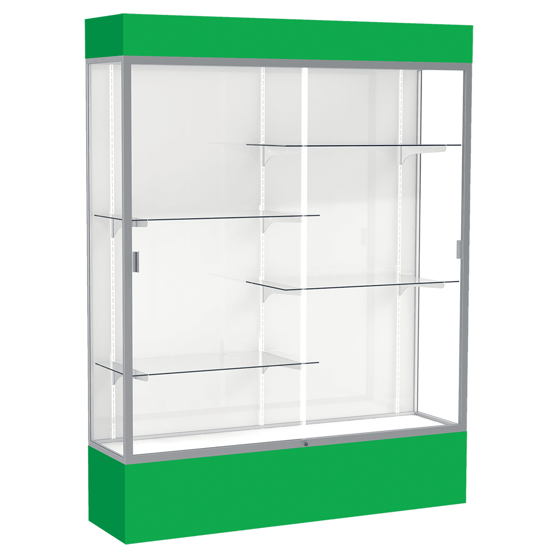 80"H x 60"W x 16"D Kelly Green Laminate Finish, White Laminate Finish Back, Satin Aluminum Frame, Lighted, Spirit Display Case