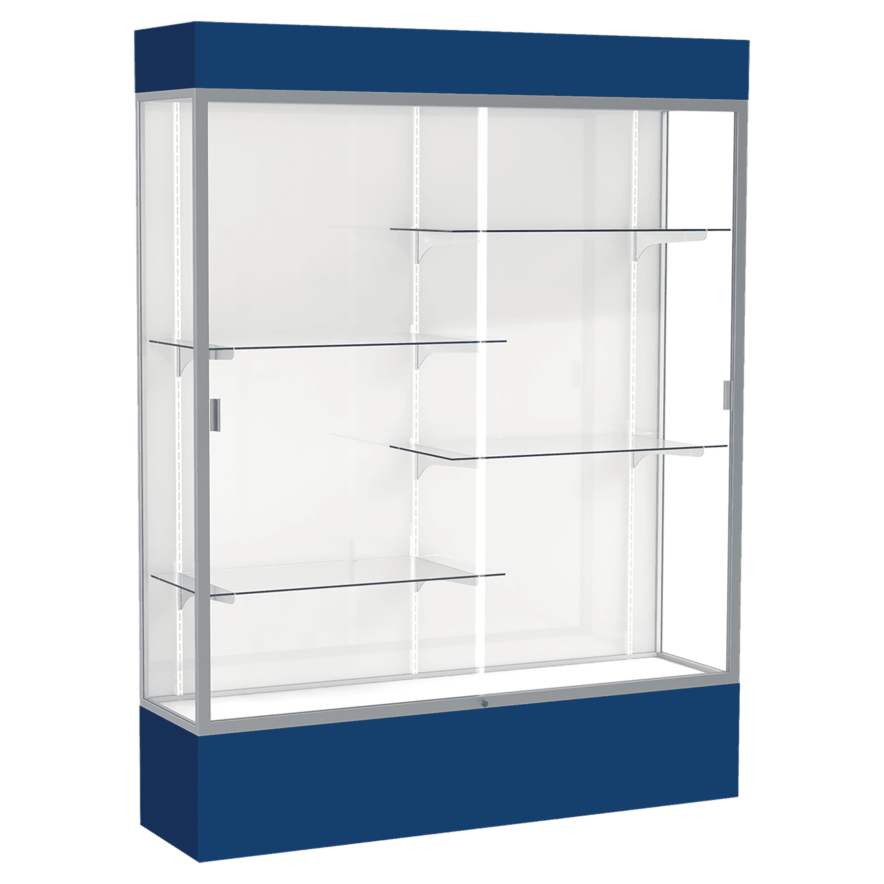 80"H x 60"W x 16"D Navy Laminate Finish, White Laminate Finish Back, Satin Aluminum Frame, Lighted, Spirit Display Case