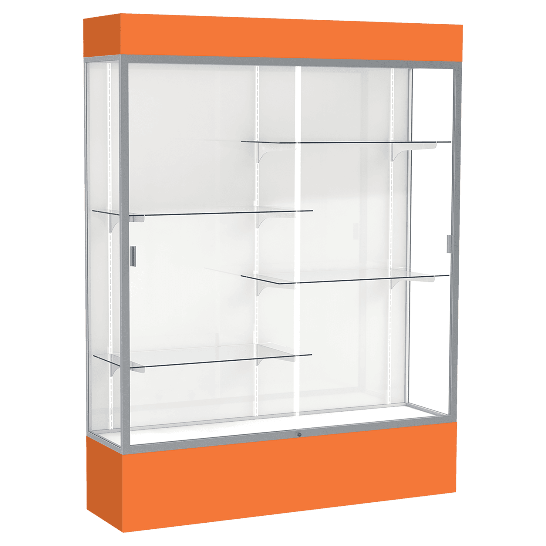 80"H x 60"W x 16"D Orange Laminate Finish, White Laminate Finish Back, Satin Aluminum Frame, Lighted, Spirit Display Case