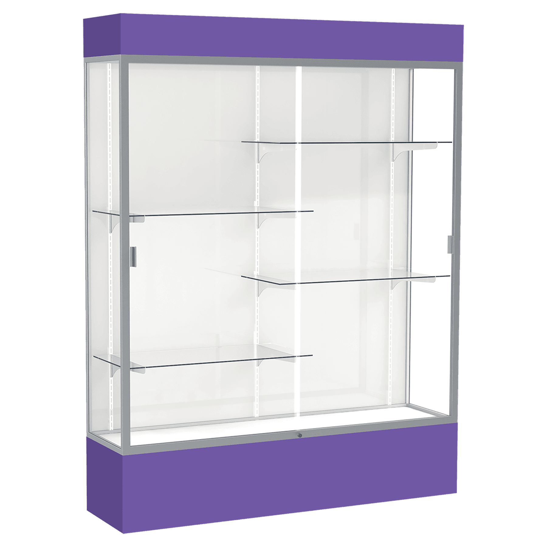 80"H x 60"W x 16"D Purple Laminate Finish, White Laminate Finish Back, Satin Aluminum Frame, Lighted, Spirit Display Case