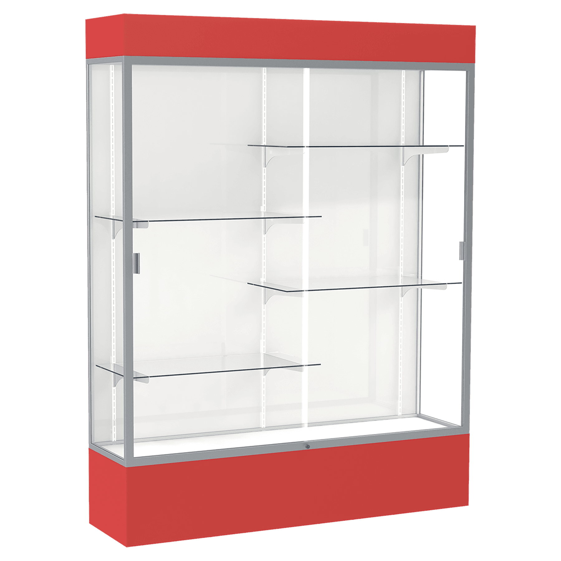 80"H x 60"W x 16"D Red Laminate Finish, White Laminate Finish Back, Satin Aluminum Frame, Lighted, Spirit Display Case