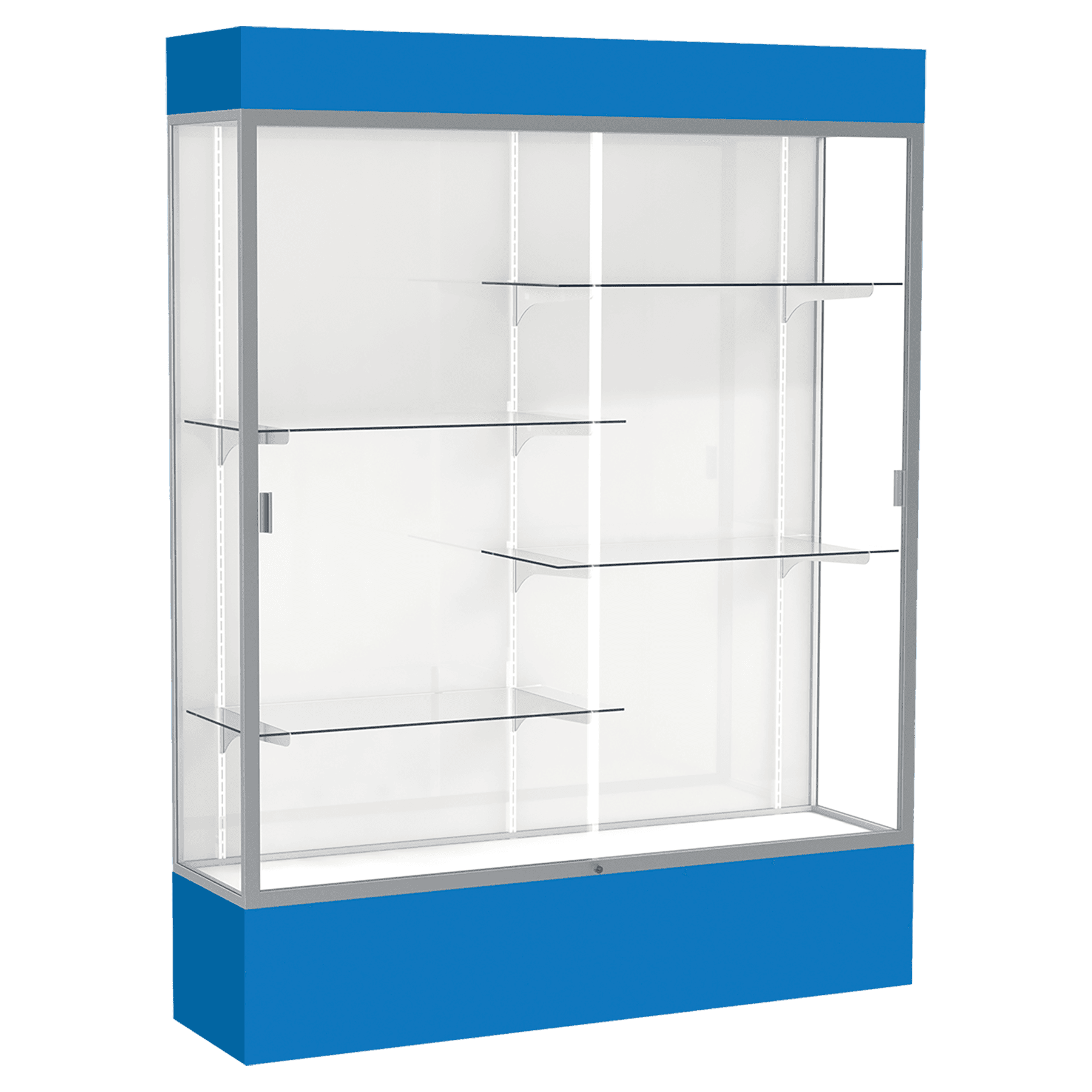 80"H x 60"W x 16"D Royal Blue Laminate Finish, White Laminate Finish Back, Satin Aluminum Frame, Lighted, Spirit Display Case