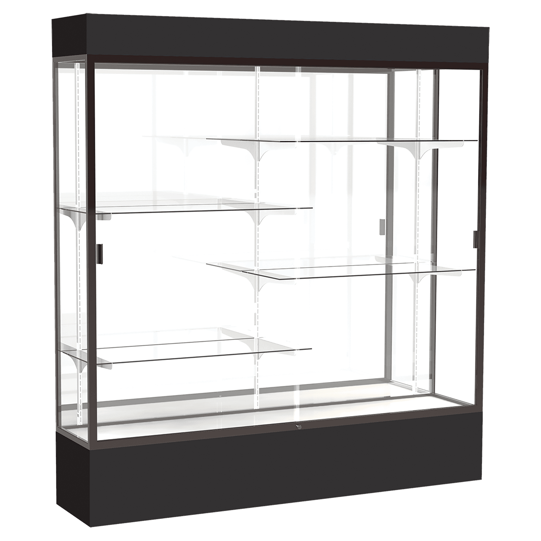 80"H x 72"W x 16"D Black Laminate Finish, Mirror Back, Bronze Aluminum Frame, Lighted, Spirit Display Case