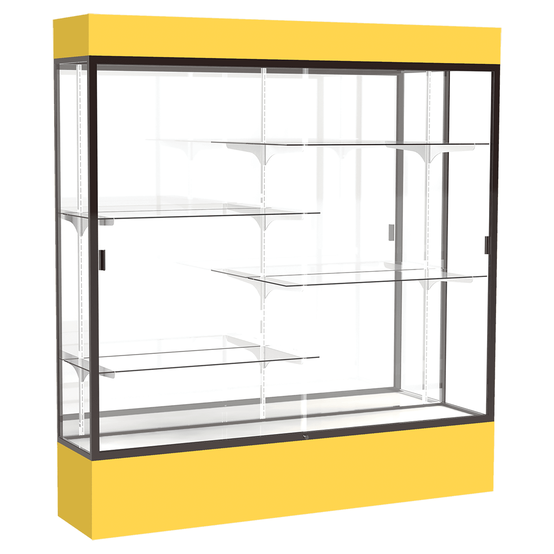 80"H x 72"W x 16"D Goldenrod Laminate Finish, Mirror Back, Bronze Aluminum Frame, Lighted, Spirit Display Case
