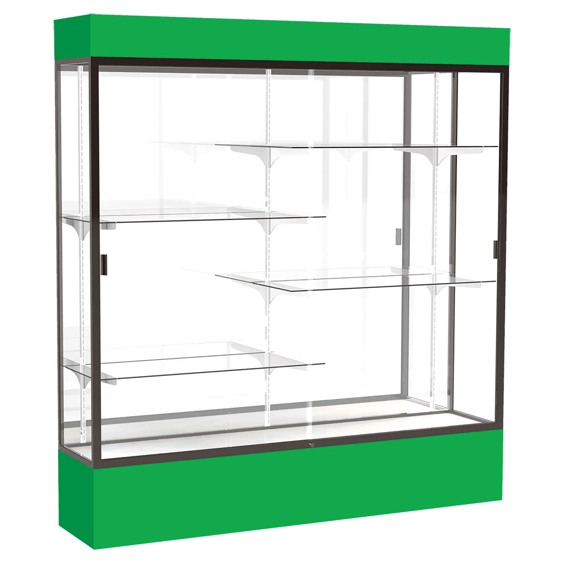 80"H x 72"W x 16"D Kelly Green Laminate Finish, Mirror Back, Bronze Aluminum Frame, Lighted, Spirit Display Case
