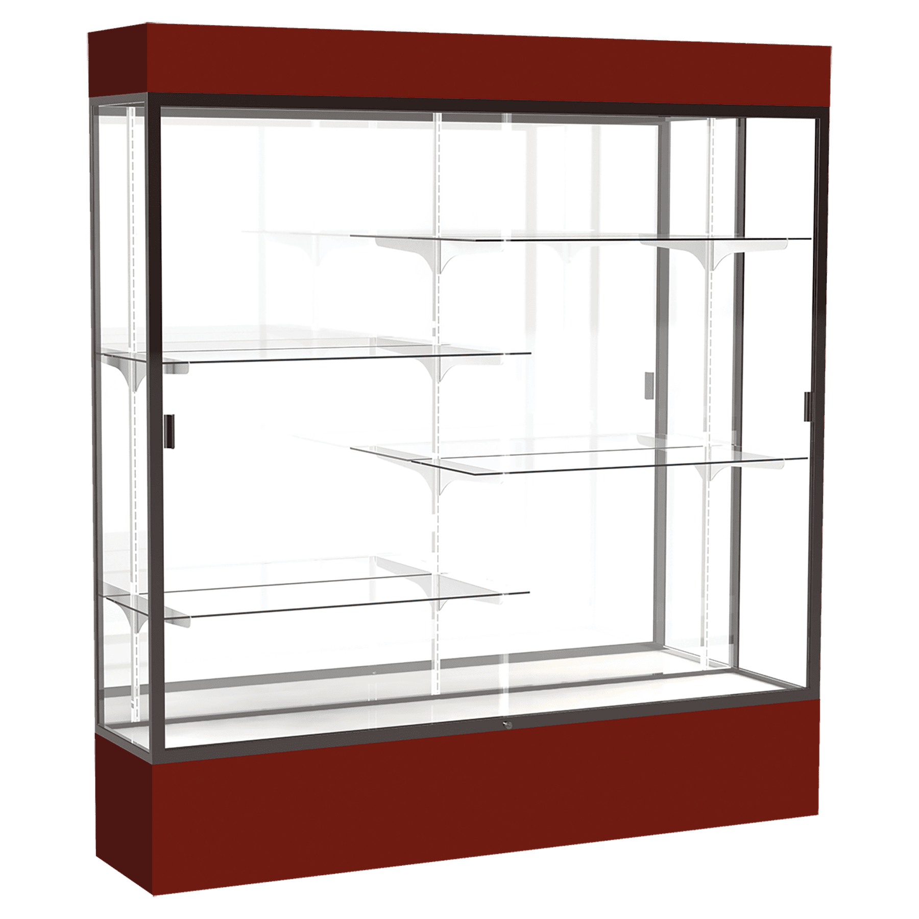 80"H x 72"W x 16"D Maroon Laminate Finish, Mirror Back, Bronze Aluminum Frame, Lighted, Spirit Display Case