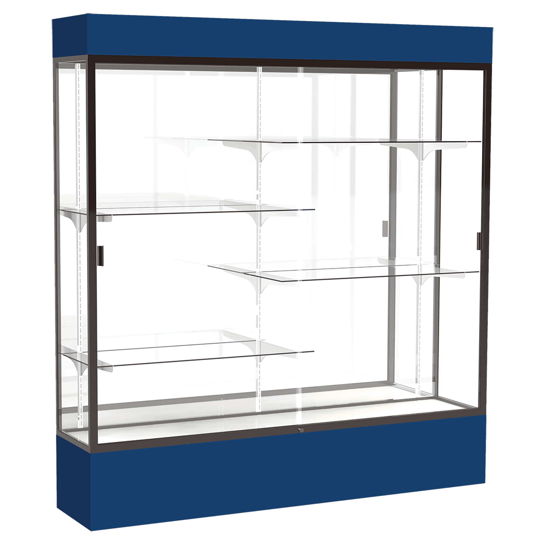 80"H x 72"W x 16"D Navy Laminate Finish, Mirror Back, Bronze Aluminum Frame, Lighted, Spirit Display Case