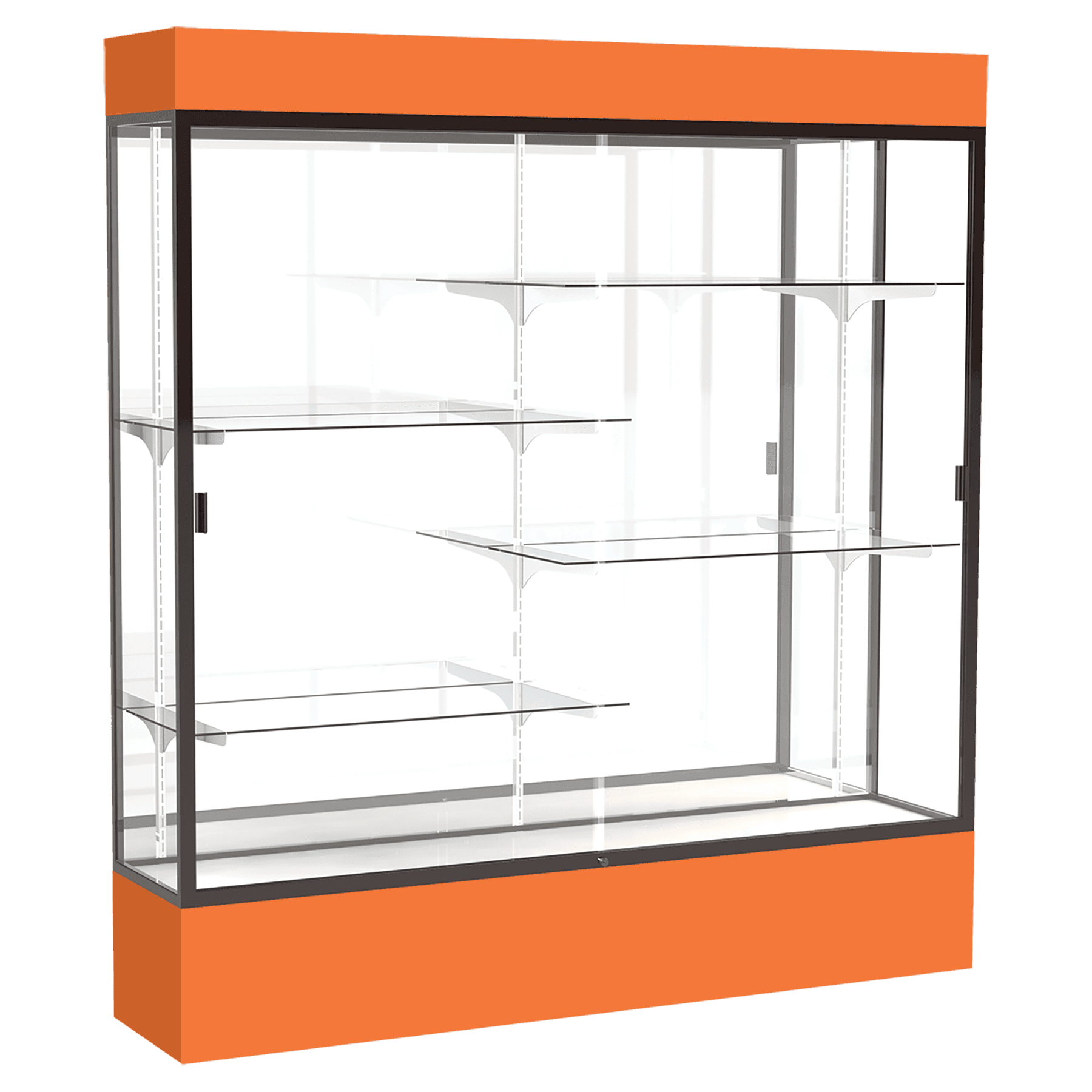 80"H x 72"W x 16"D Orange Laminate Finish, Mirror Back, Bronze Aluminum Frame, Lighted, Spirit Display Case