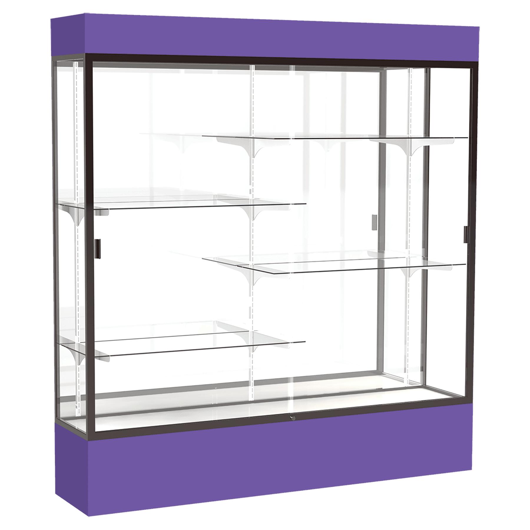 80"H x 72"W x 16"D Purple Laminate Finish, Mirror Back, Bronze Aluminum Frame, Lighted, Spirit Display Case