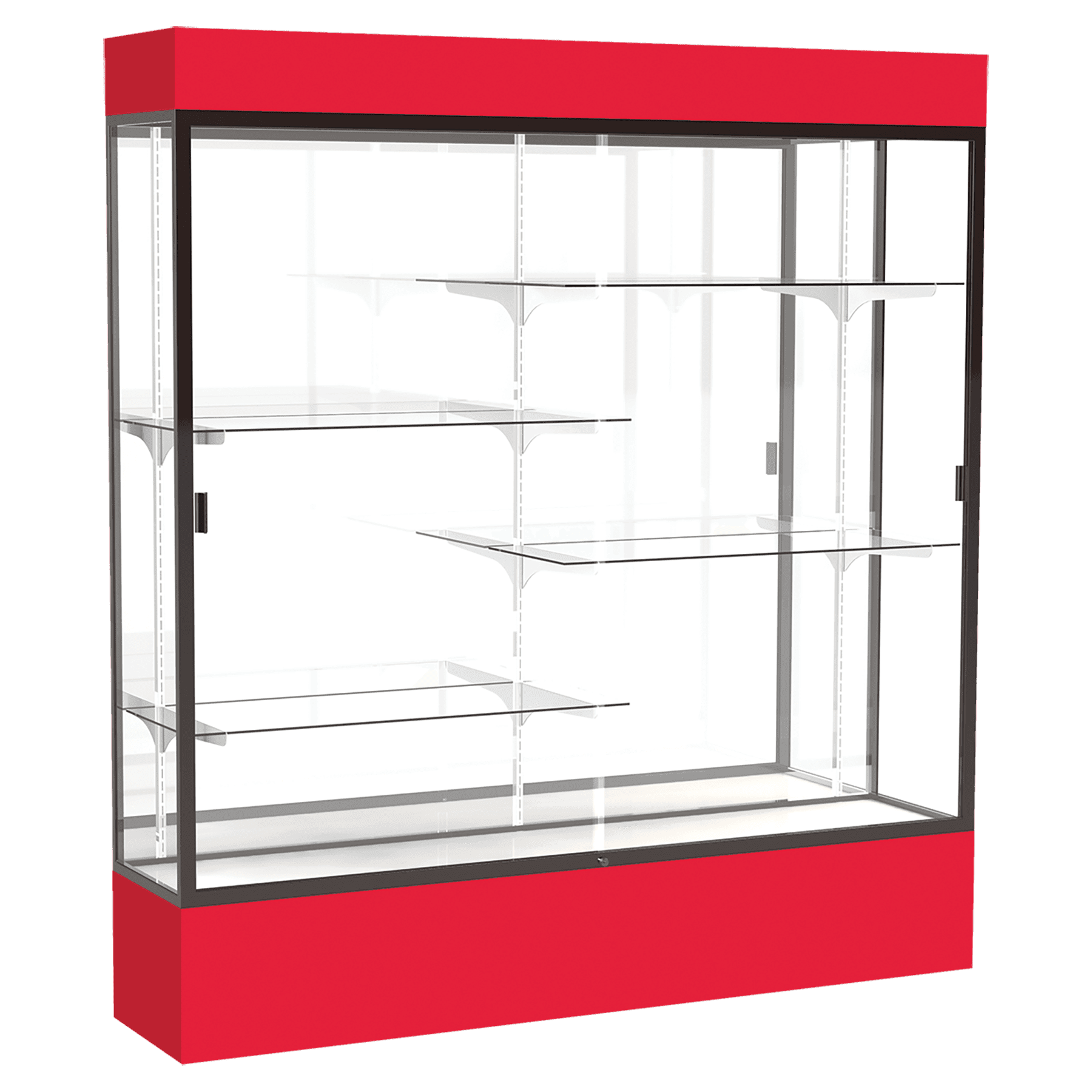 80"H x 72"W x 16"D Red Laminate Finish, Mirror Back, Bronze Aluminum Frame, Lighted, Spirit Display Case