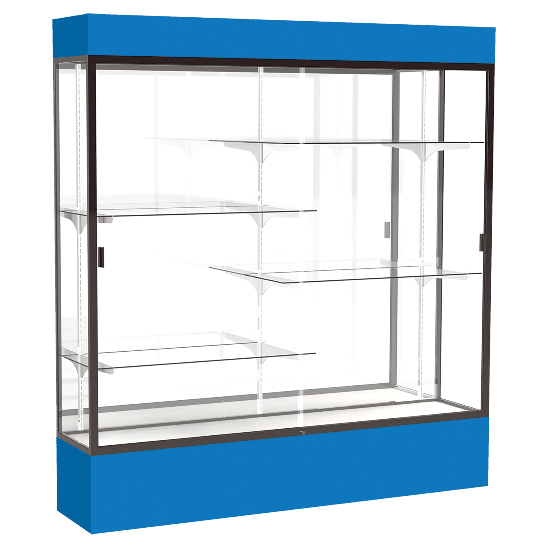 80"H x 72"W x 16"D Royal Blue Laminate Finish, Mirror Back, Bronze Aluminum Frame, Lighted, Spirit Display Case