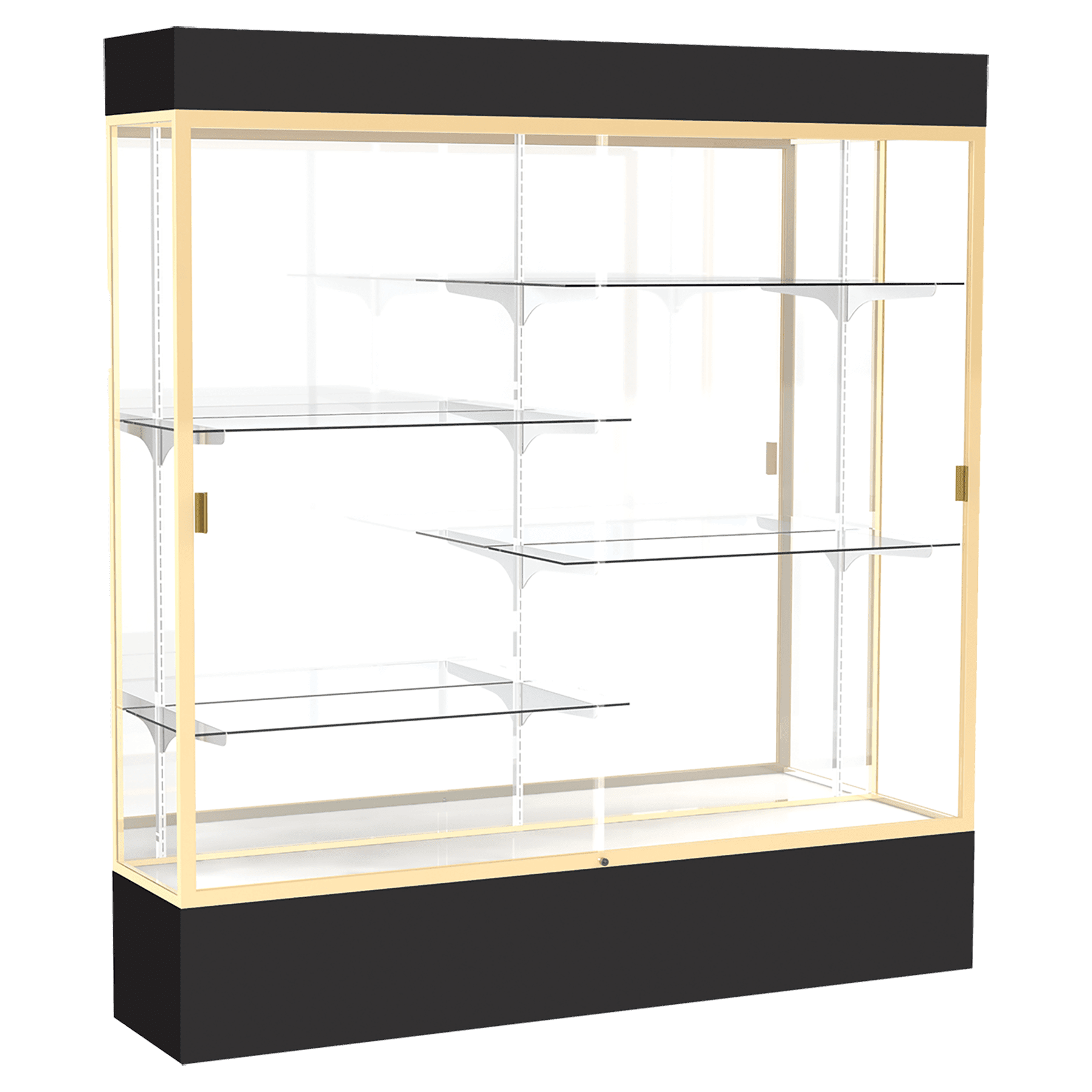80"H x 72"W x 16"D Black Laminate Finish, Mirror Back, Champagne Aluminum Frame, Lighted, Spirit Display Case