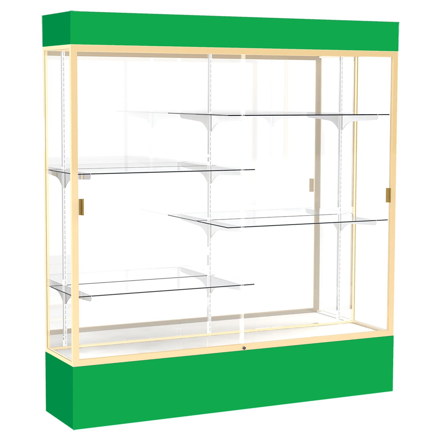 80"H x 72"W x 16"D Kelly Green Laminate Finish, Mirror Back, Champagne Aluminum Frame, Lighted, Spirit Display Case