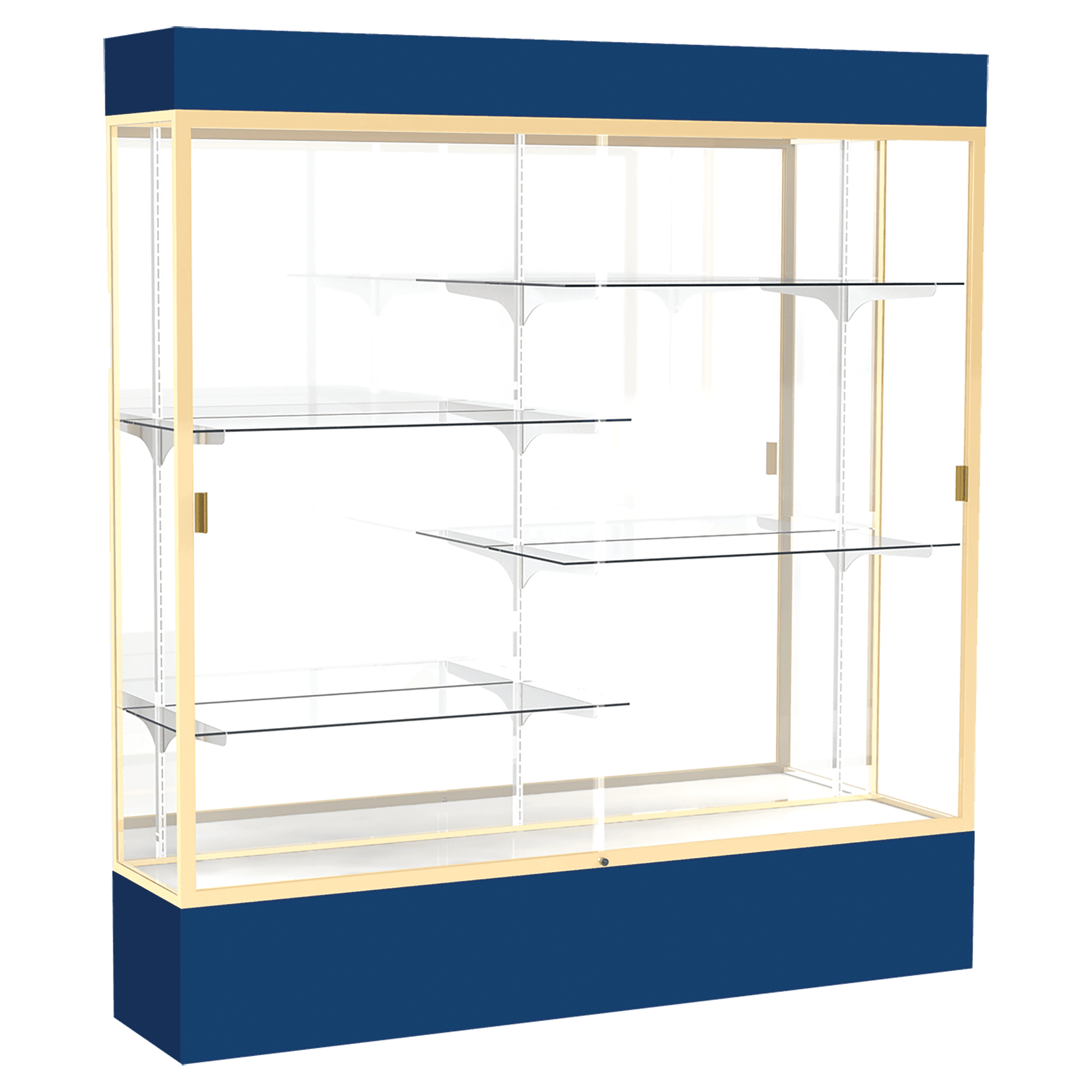80"H x 72"W x 16"D Navy Laminate Finish, Mirror Back, Champagne Aluminum Frame, Lighted, Spirit Display Case