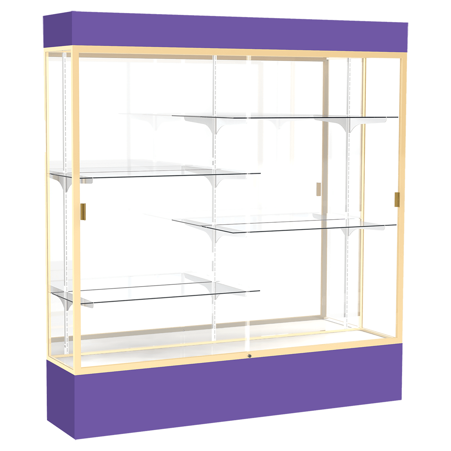 80"H x 72"W x 16"D Purple Laminate Finish, Mirror Back, Champagne Aluminum Frame, Lighted, Spirit Display Case
