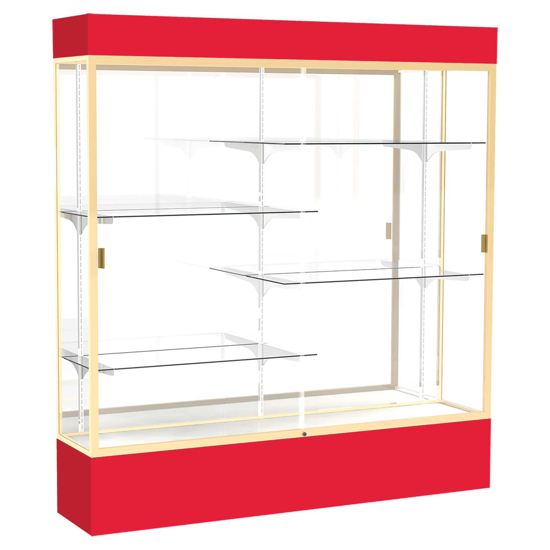 80"H x 72"W x 16"D Red Laminate Finish, Mirror Back, Champagne Aluminum Frame, Lighted, Spirit Display Case