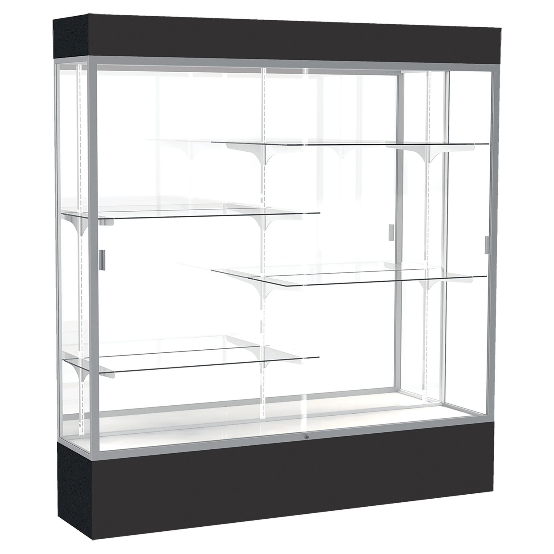 80"H x 72"W x 16"D Black Laminate Finish, Mirror Back, Satin Aluminum Frame, Lighted, Spirit Display Case