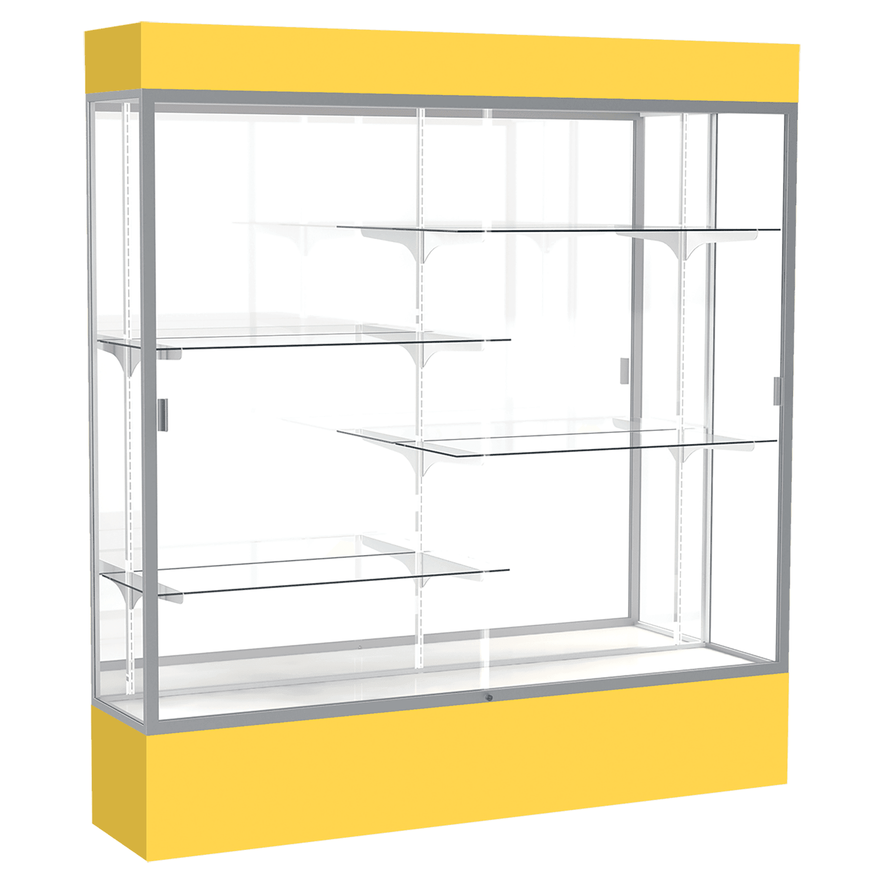 80"H x 72"W x 16"D Goldenrod Laminate Finish, Mirror Back, Satin Aluminum Frame, Lighted, Spirit Display Case